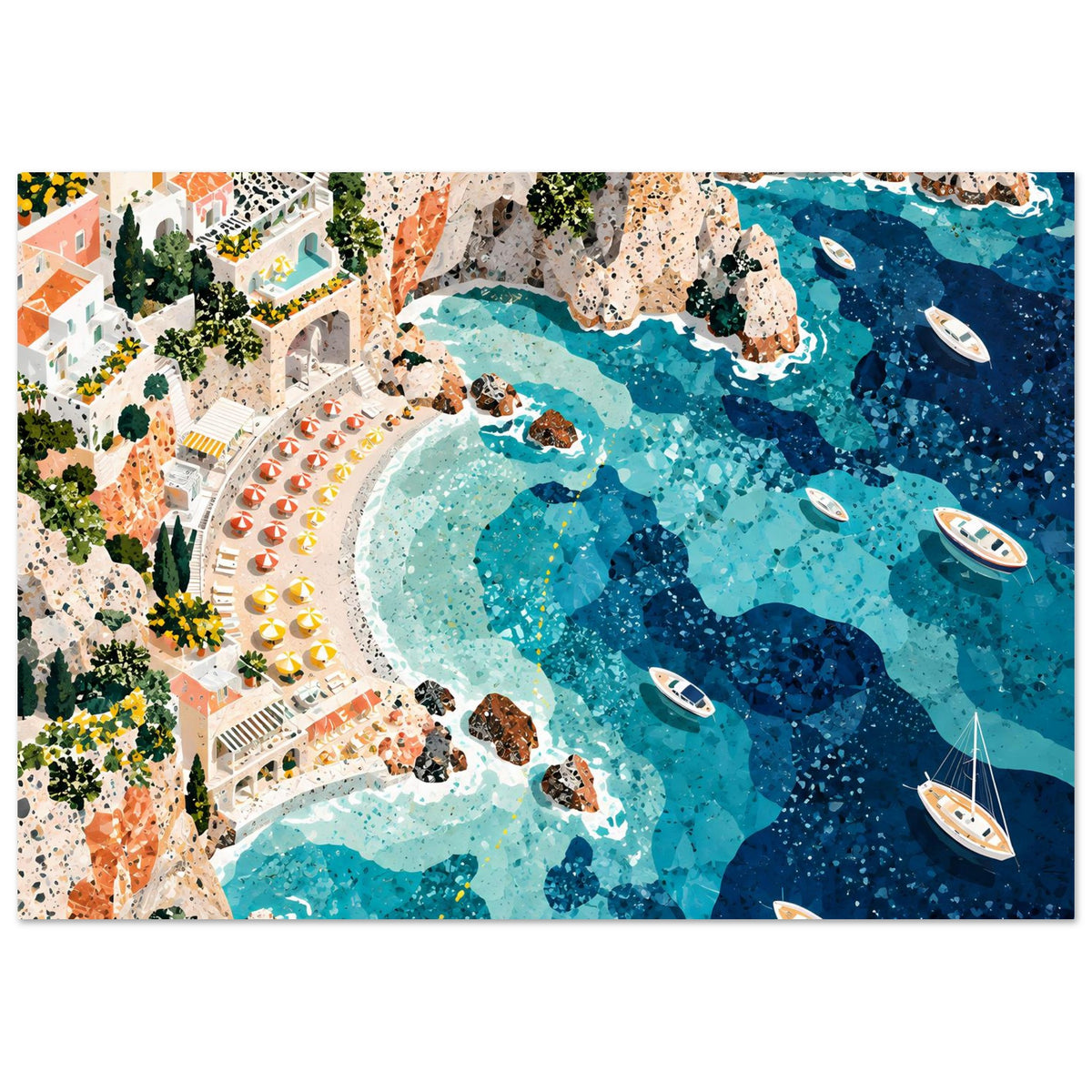 Mediterrane Küstenlandschaft mit Villen, sonnigen Felsklippen und türkisblauem Meer in Mosaikoptik – Posteransicht 18