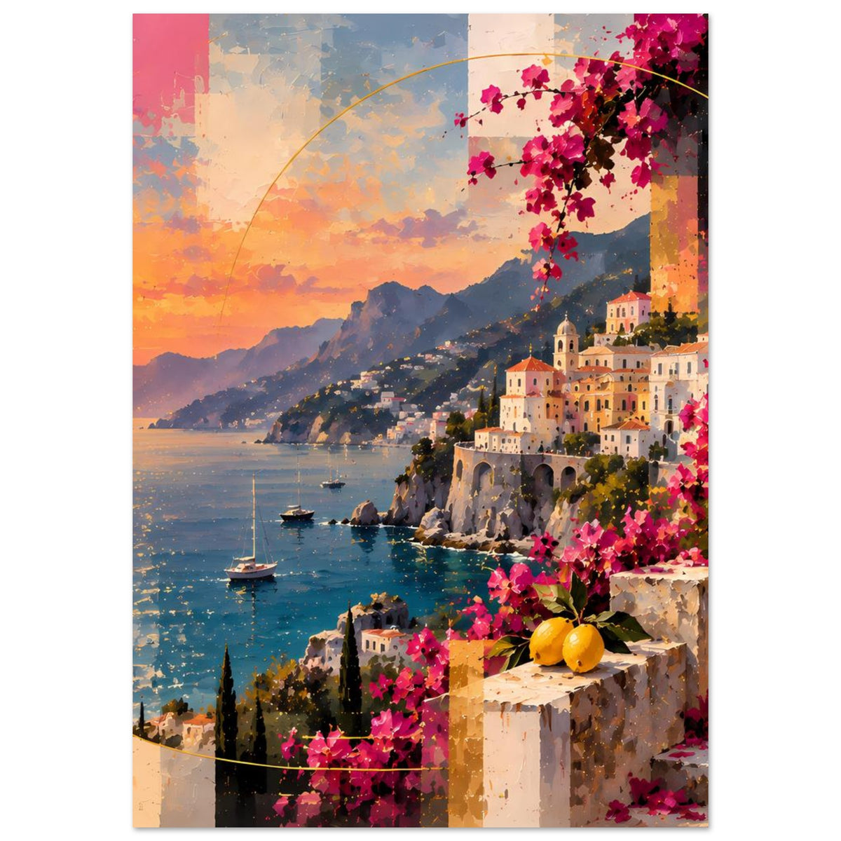 Vertikales Poster mit Buchtblick, Hafenbooten, pinken Blüten am Rand und gelben Früchten