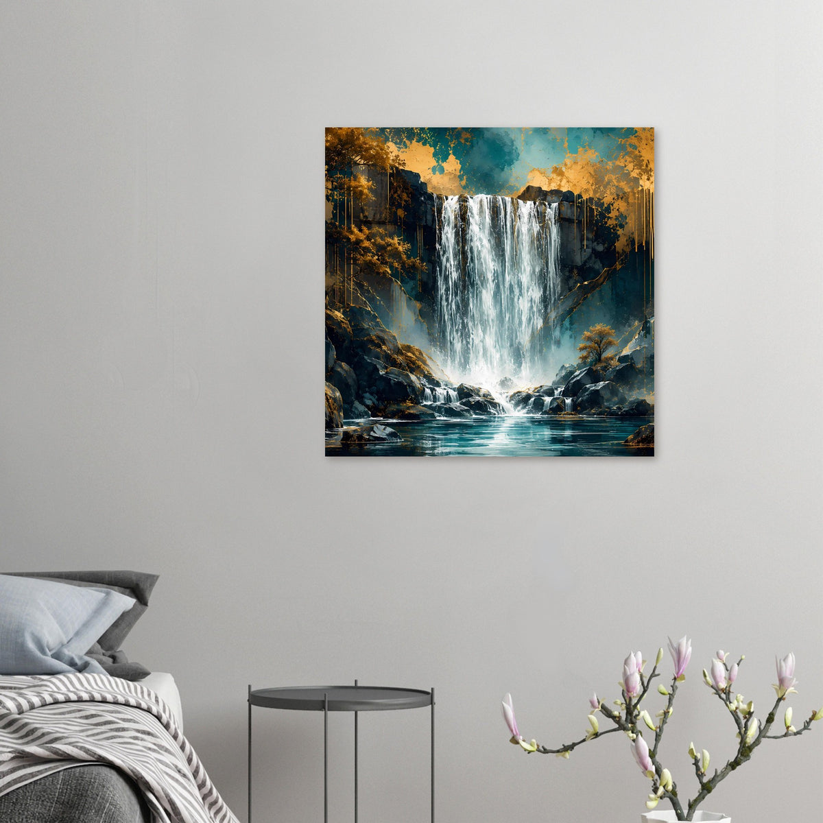 Kleines Poster mit Wasserfall zwischen Felsen, türkisweiß und gold