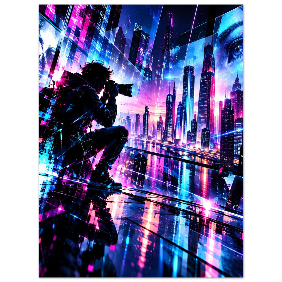 Neon-Cyberpunk-Stadtposter, Schütze links und blaues Auge im Hintergrund