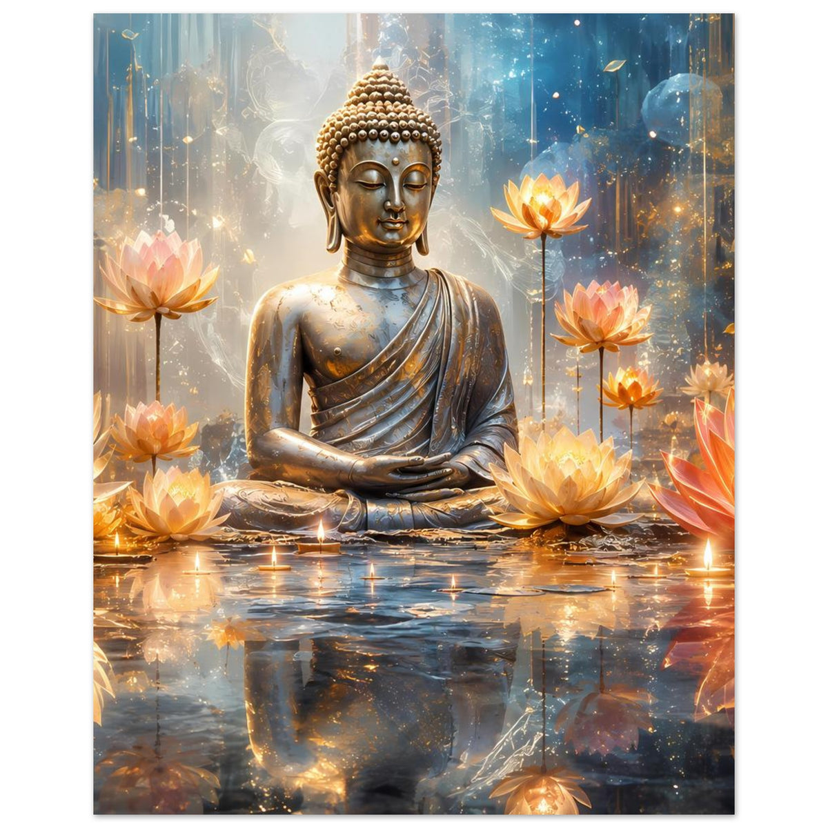 Buddha-Poster mit goldener Buddha-Figur, Lotusblüten und sanftem Lichterglanz