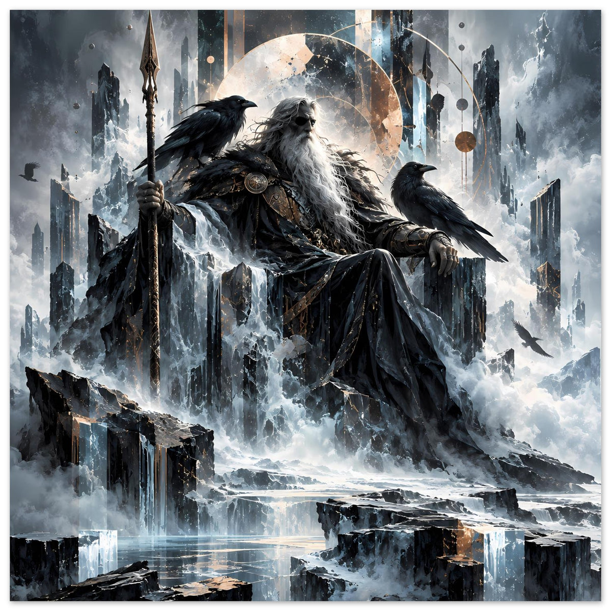 Mythologie-Poster mit Odin am Thron, Raben auf Mauern und leuchtender Ringsphäre