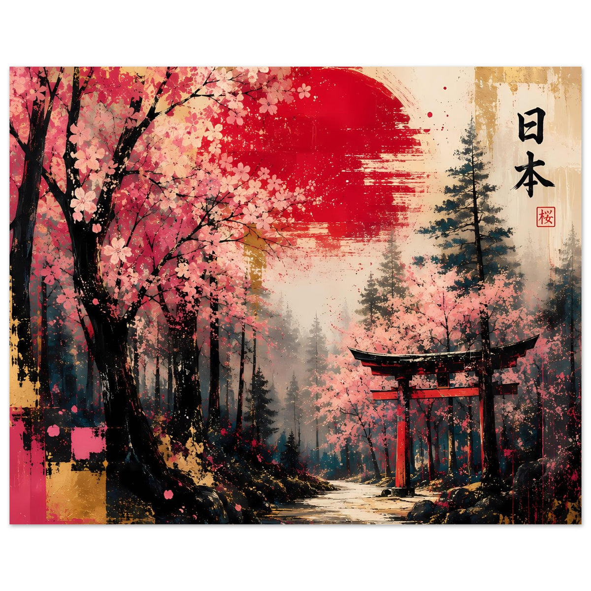 Poster mit Kirschblüten, rotem Torii und Japan-Schriftzeichen