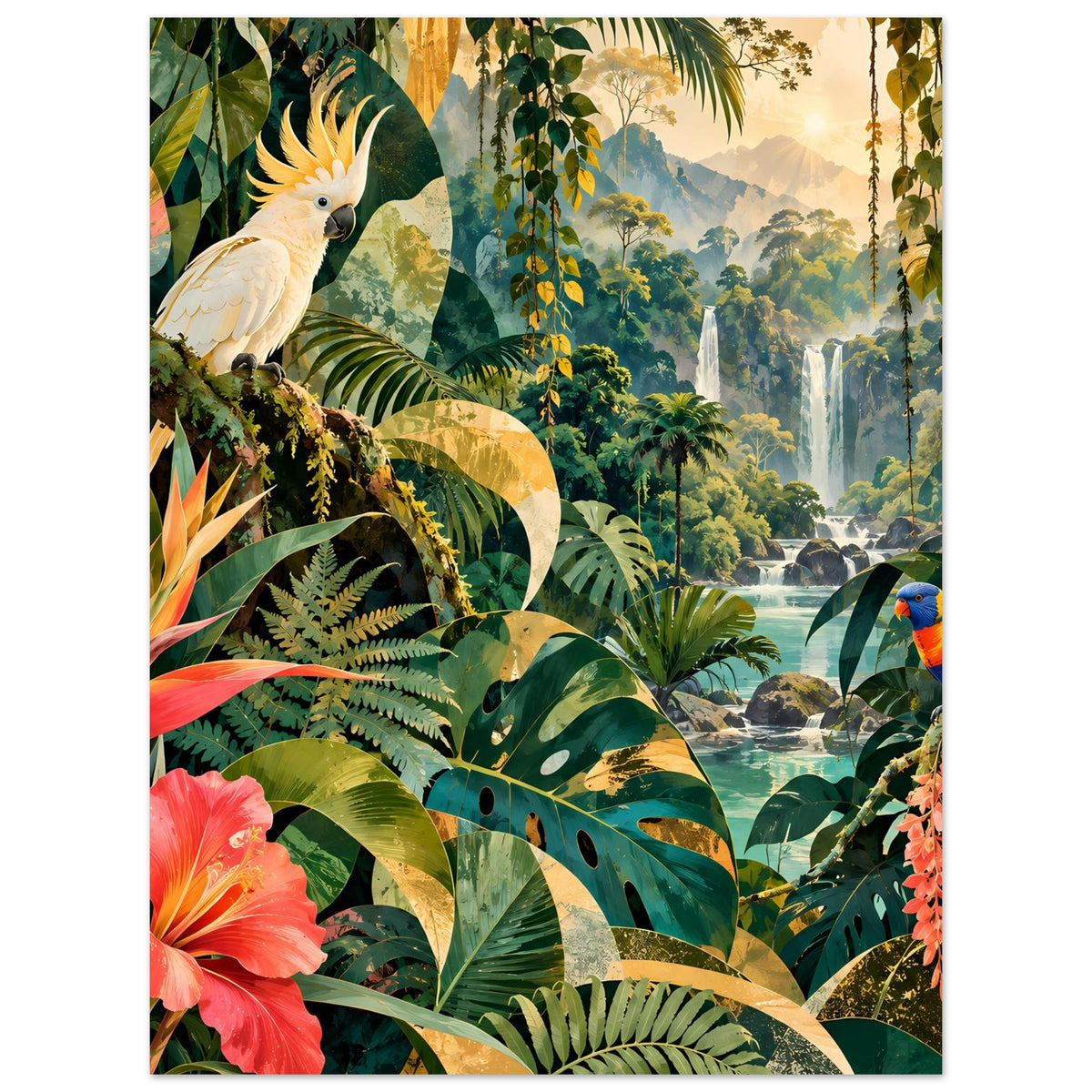 Tropisches Poster mit Papagei links und Papagei rechts, Wasserfall, leuchtende Tropenblumen