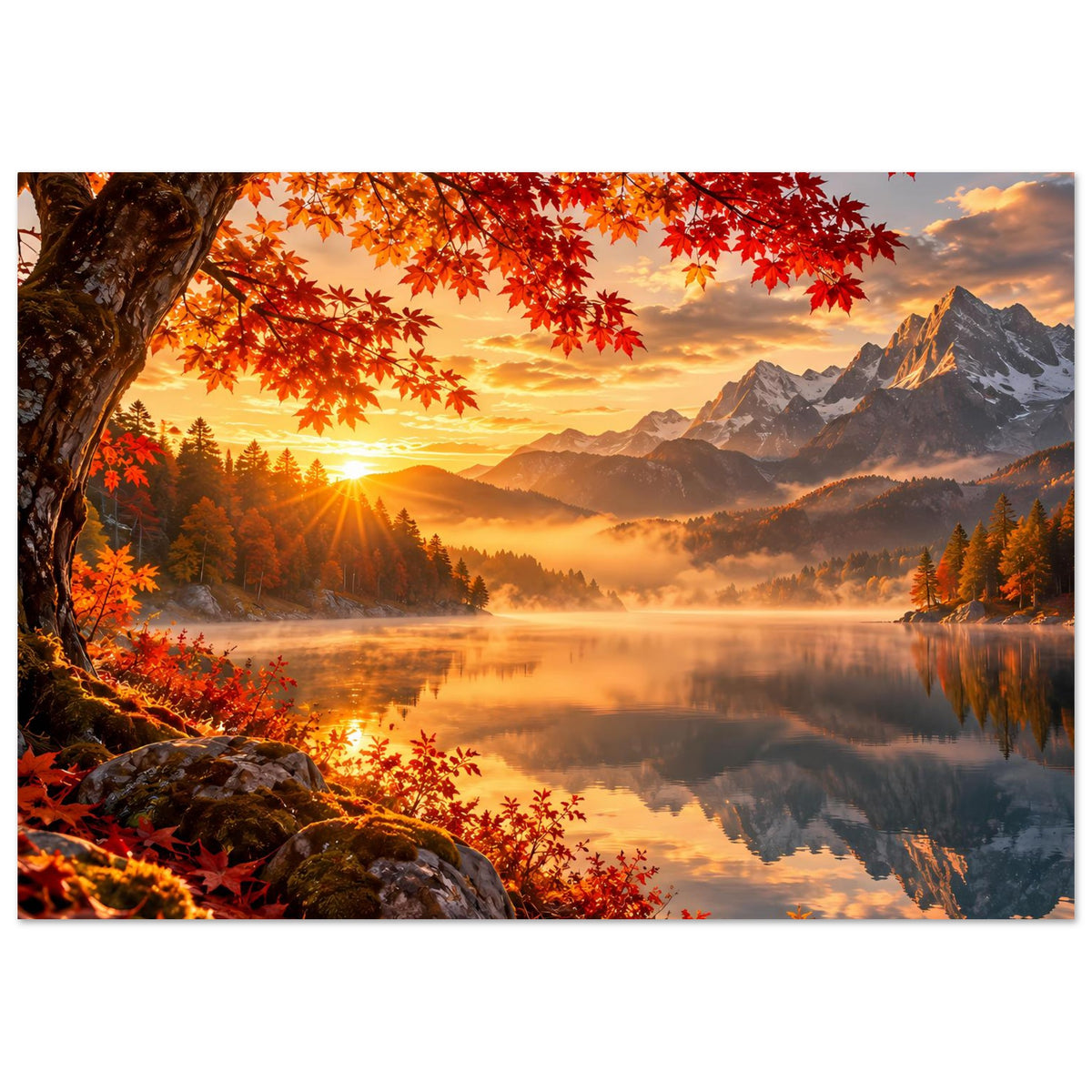 Herbstlandschaft-Poster mit goldener Morgensonne, Berggipfeln, See und roten Ahornblättern