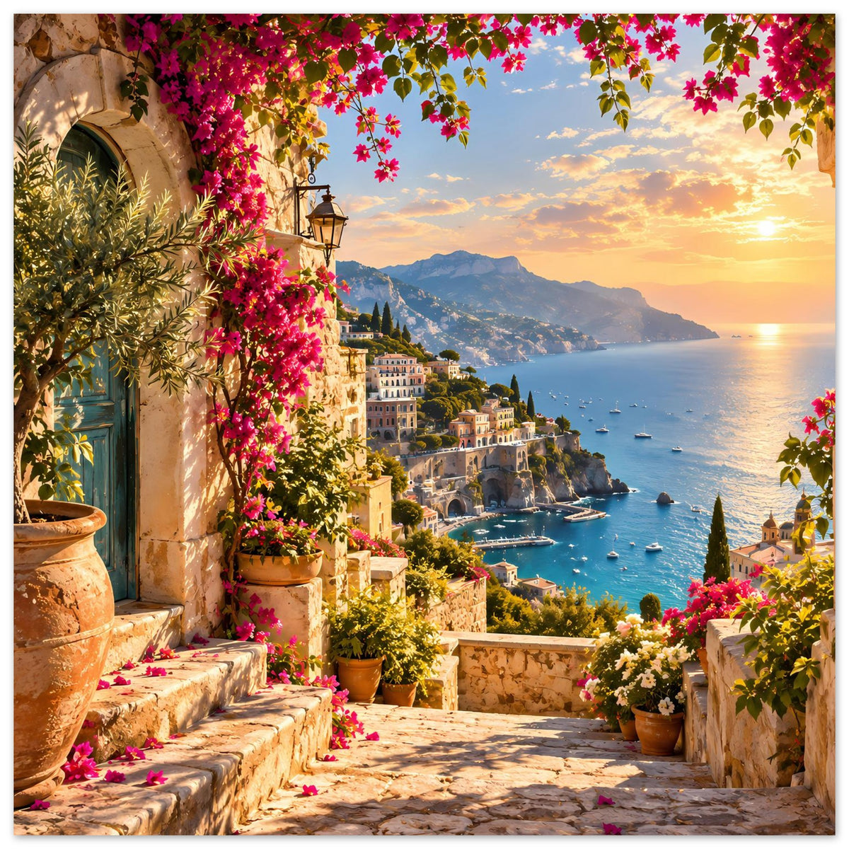 Poster mit mediterraner Terrasse bei Sonnenuntergang, Blumenrankwerk und Meerblick
