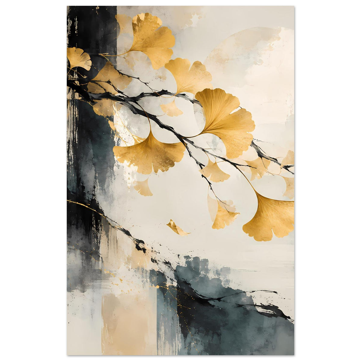Hochkant-Poster mit goldenen Ginkgoblättern, schwarzem Ast und weiß-grauem Aquarelllook