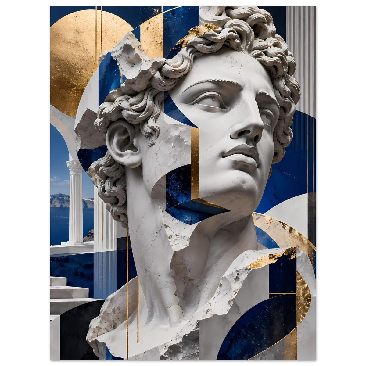 Poster mit Marmorbüste, Fokus auf Gesicht und Locken, Blau und Gold