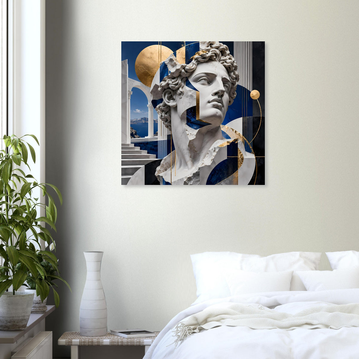 Poster mit Marmorbüste und abstrakten blau-goldenen Elementen