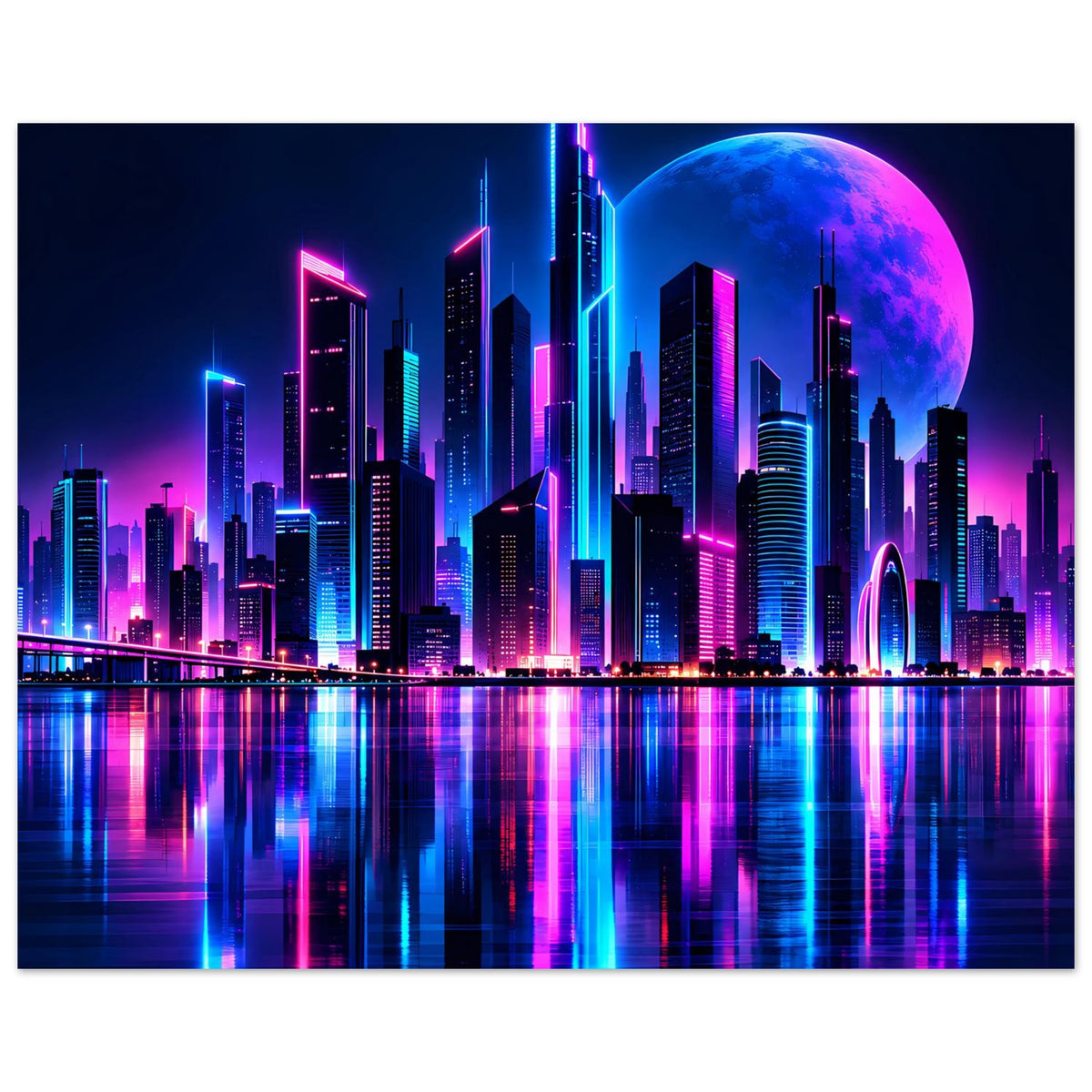 Neon-Stadtlandschaft-Poster im Querformat mit blauem Mond, bunten Gebäuden und Spiegelungen
