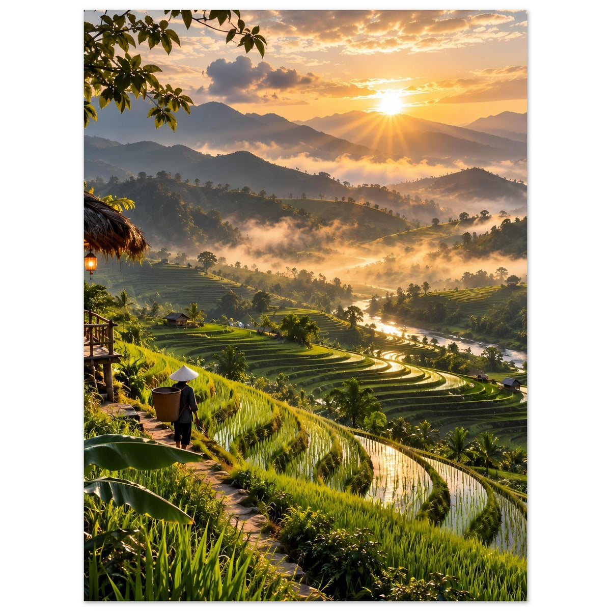 Poster mit Sonnenaufgang über terrassierten Reisfeldern, Nebel in den Bergen und Person im Vordergrund