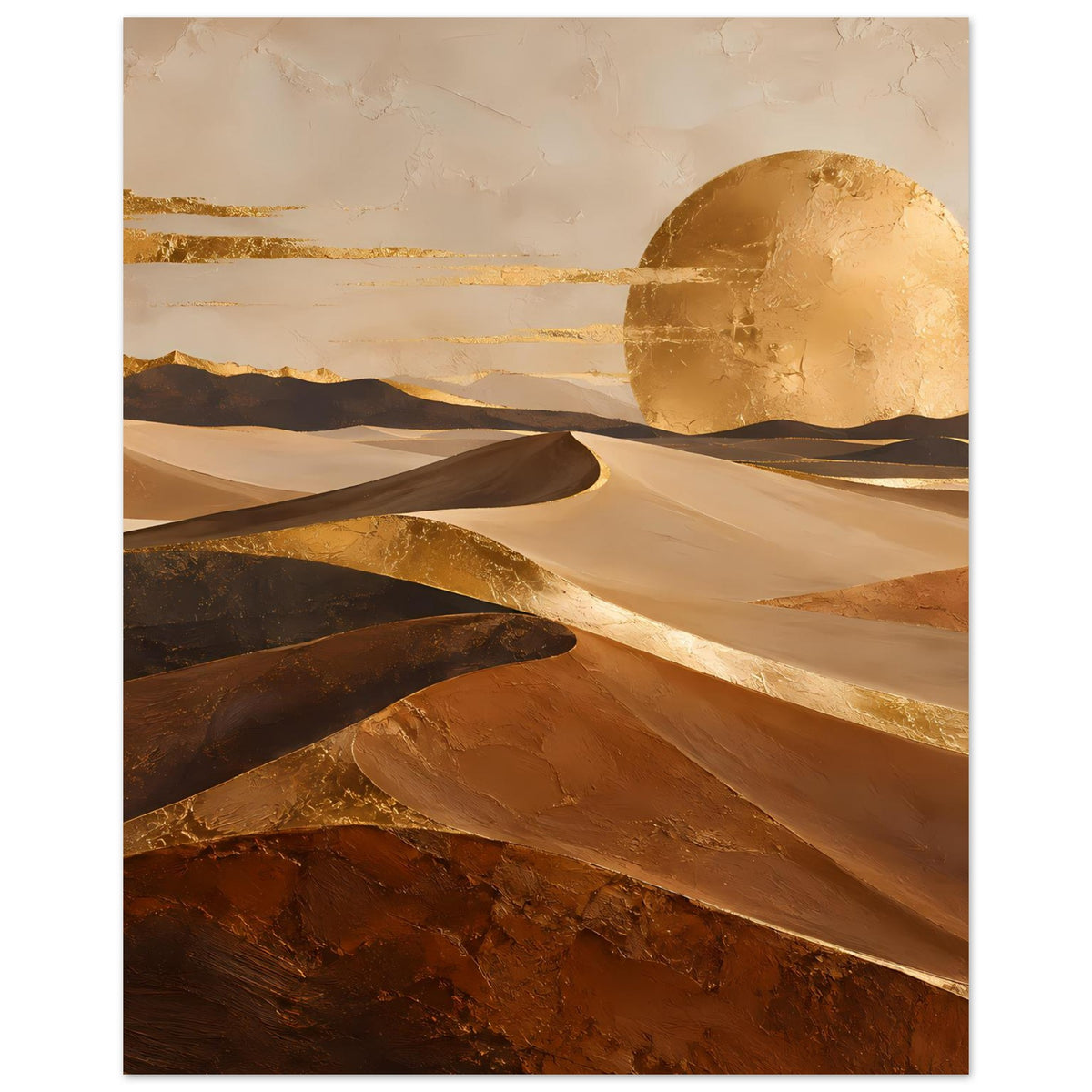 Gerahmtes Poster mit Wüstenszene: goldene Halbscheibe und Sanddünen in Braun-Gold