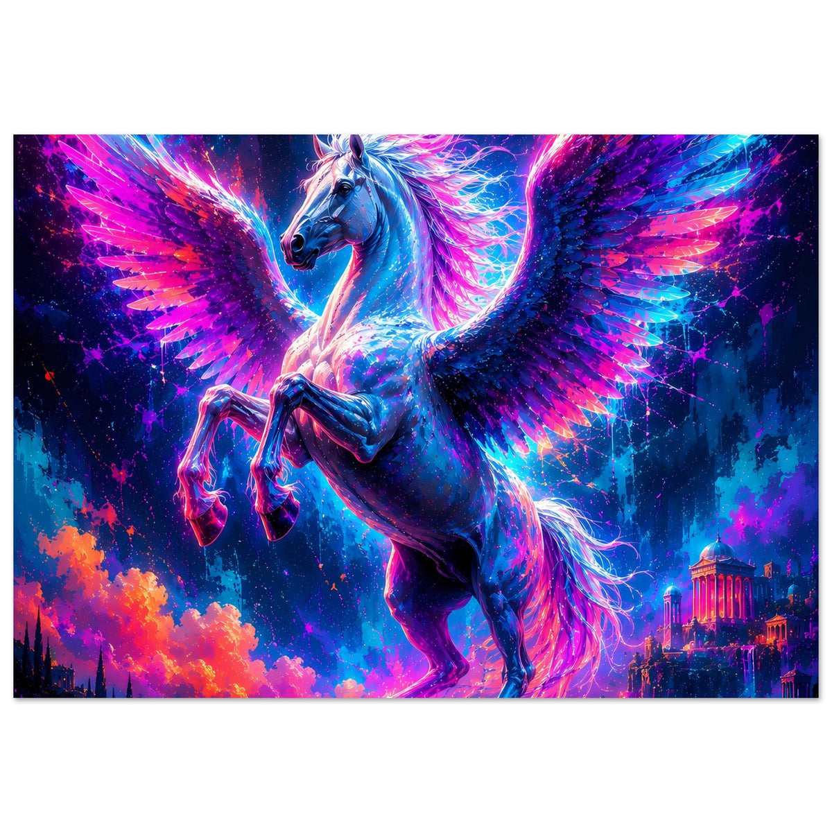 Leuchtendes Pegasus-Poster, blauer Pegasus mit Flügeln, Neonfarben und Stadt-Silhouetten, quer