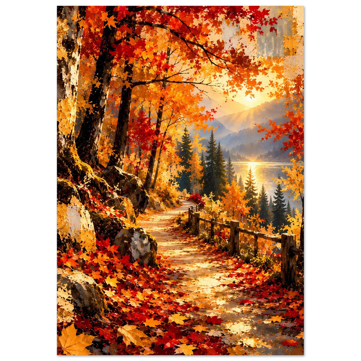 Hochformat-Poster mit Waldweg im Herbst, bunten Blättern, Steinen links und Holzzaun rechts