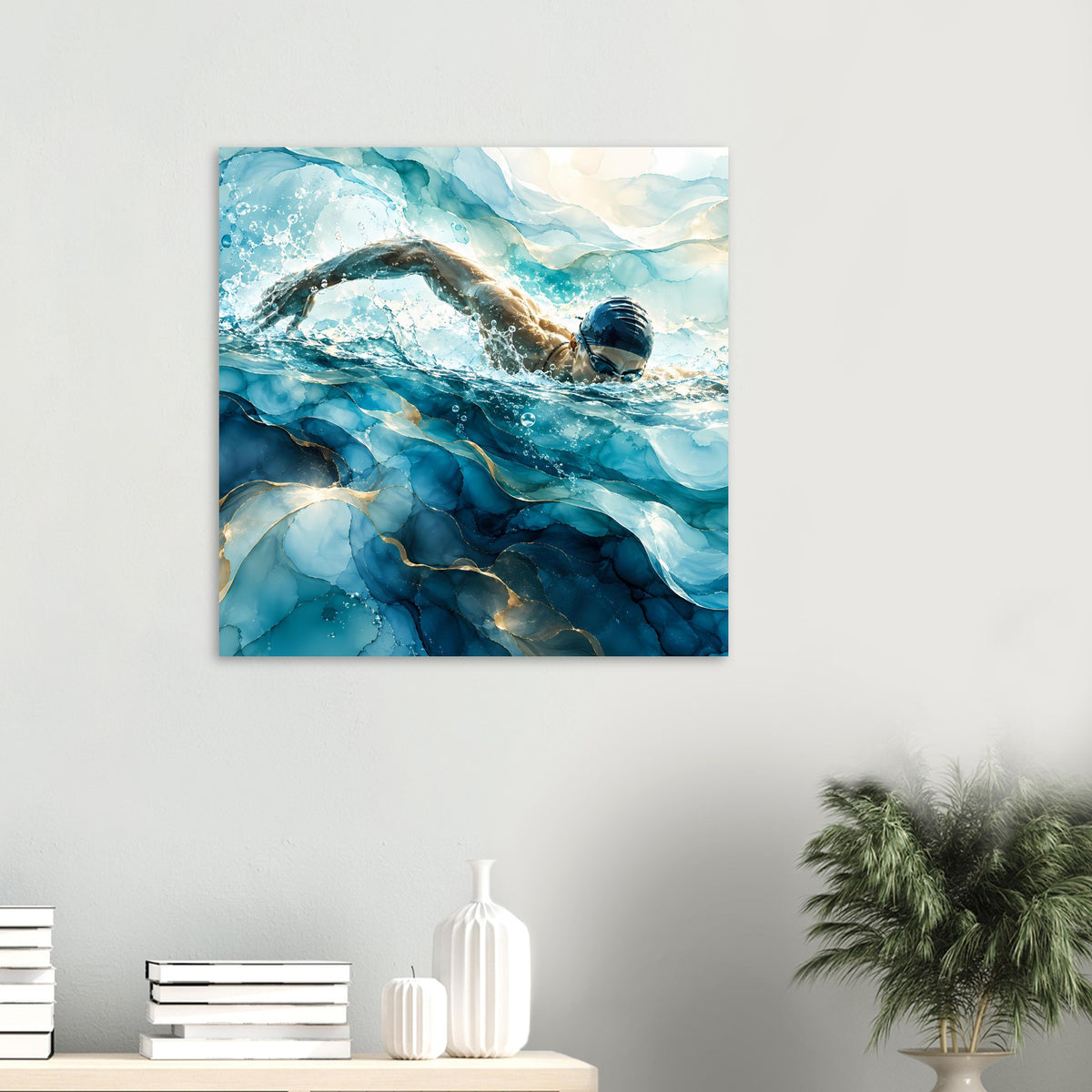 Schwimmer-Poster im Blau, kleinformatig: Taucherbild mit fließenden Wellen und Spritzwasser