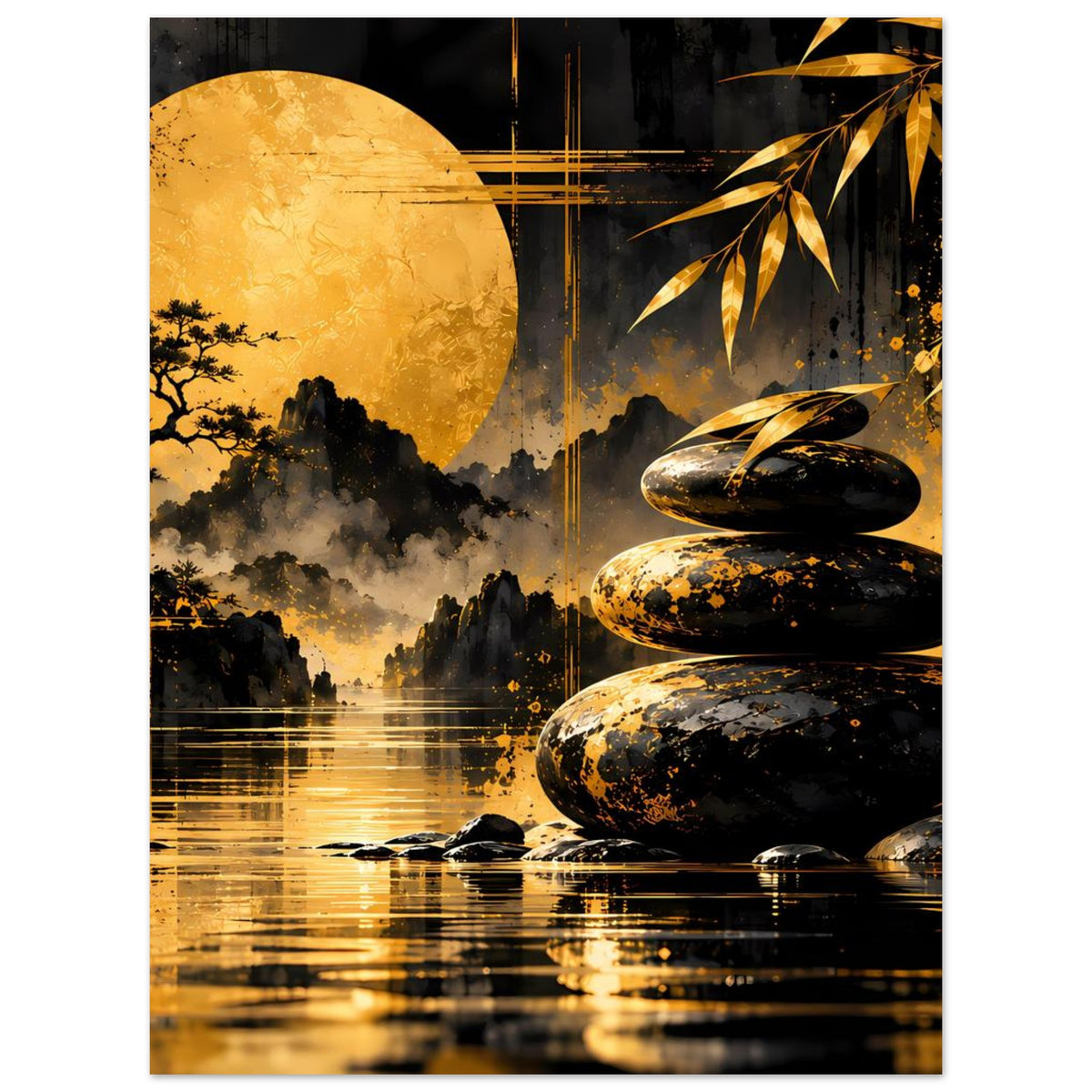 Kunstdruck Zen: goldener Mond, schwarze Steine und Bambus am Wasser, Schwarz-Gold