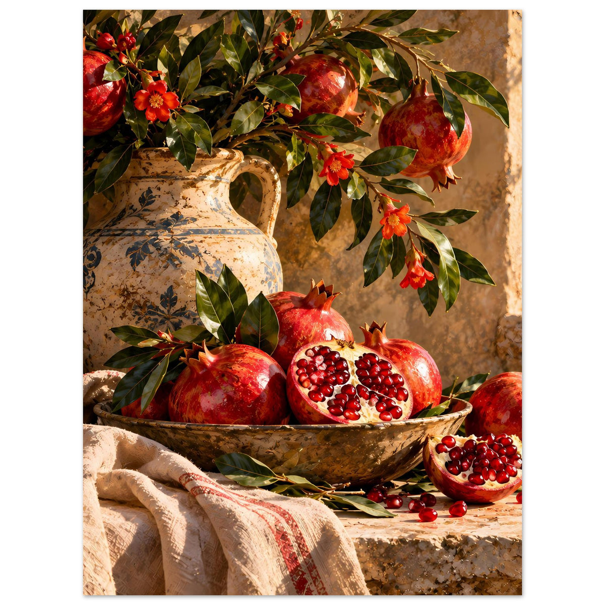 Hochformat-Poster: Granatäpfel in Schale, Vase/Kanne, Blätter und rote Blüten als Dekor.