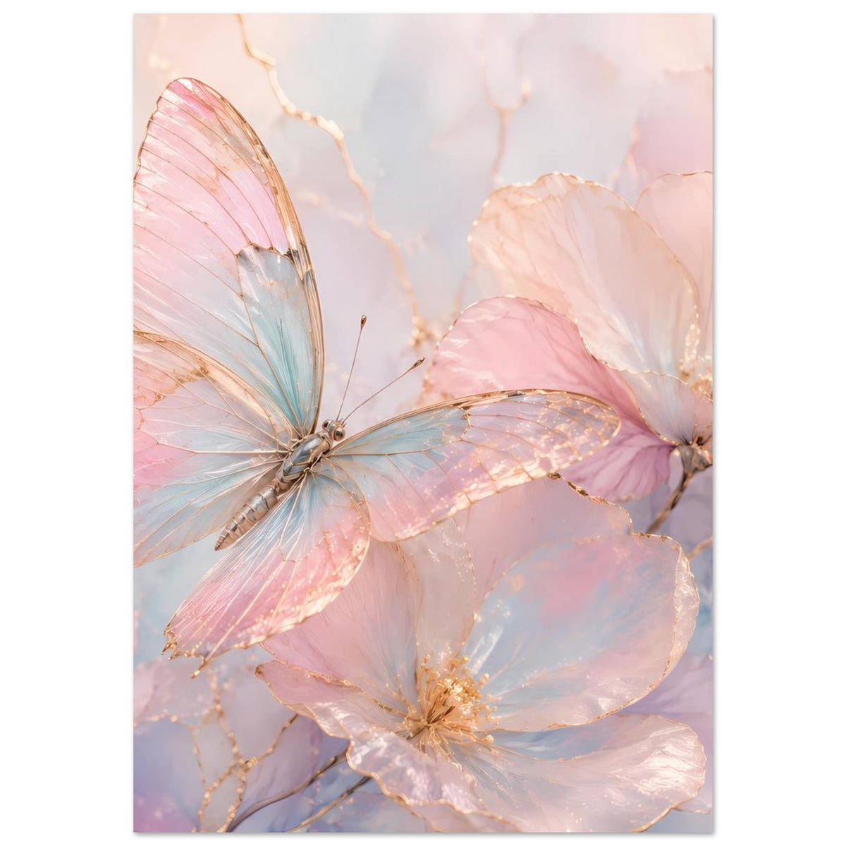 Vertikales Aquarell-Poster mit Schmetterling, Blüten und Goldakzenten in Rosa und Blau