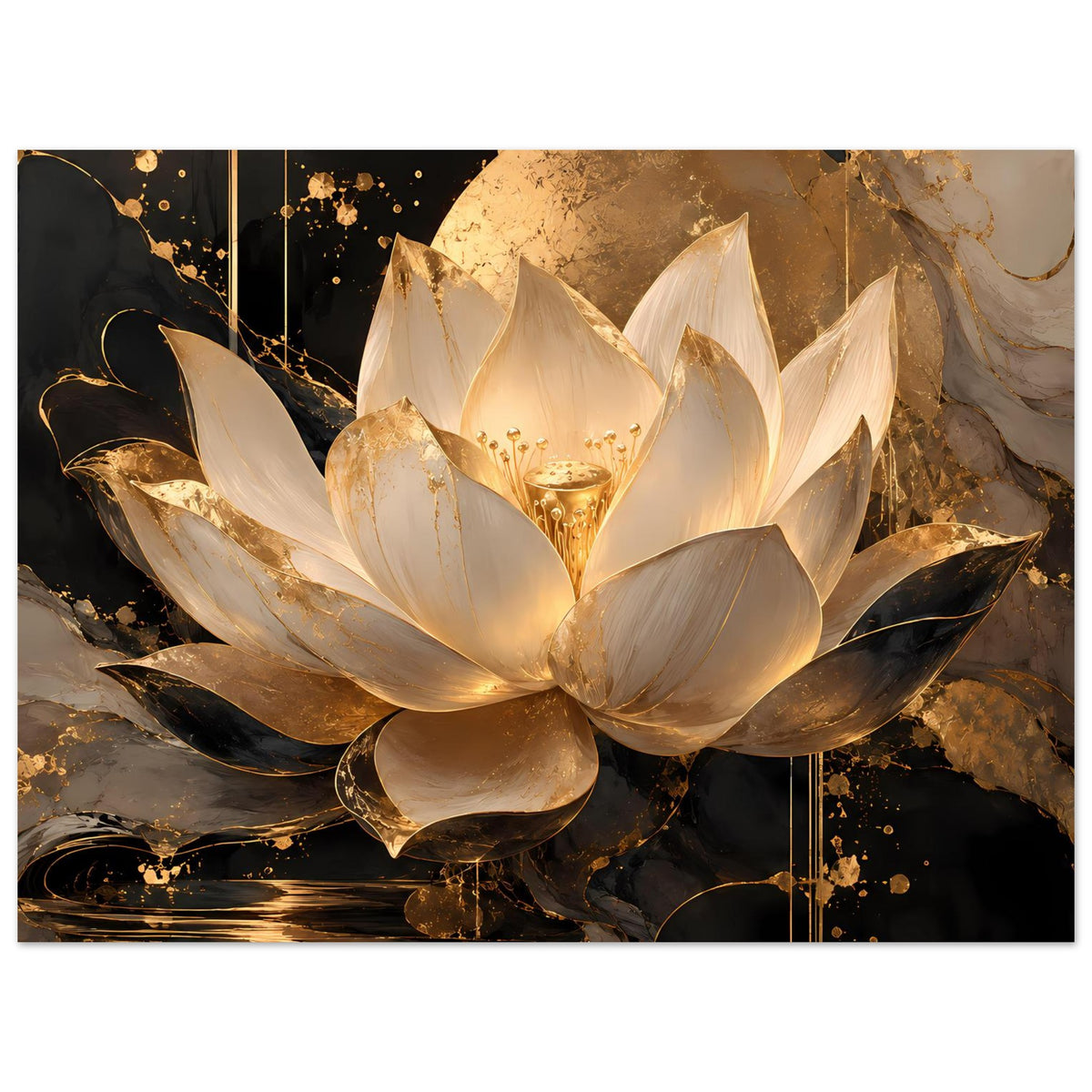 Lotusblumenposter: große Lotusblüte in Gold und Elfenbein mit dunklem Hintergrund