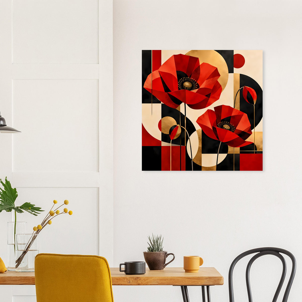 Kunstposter-Print mit abstrakten roten Mohnblumen, goldbeigen Details und schwarzem Muster