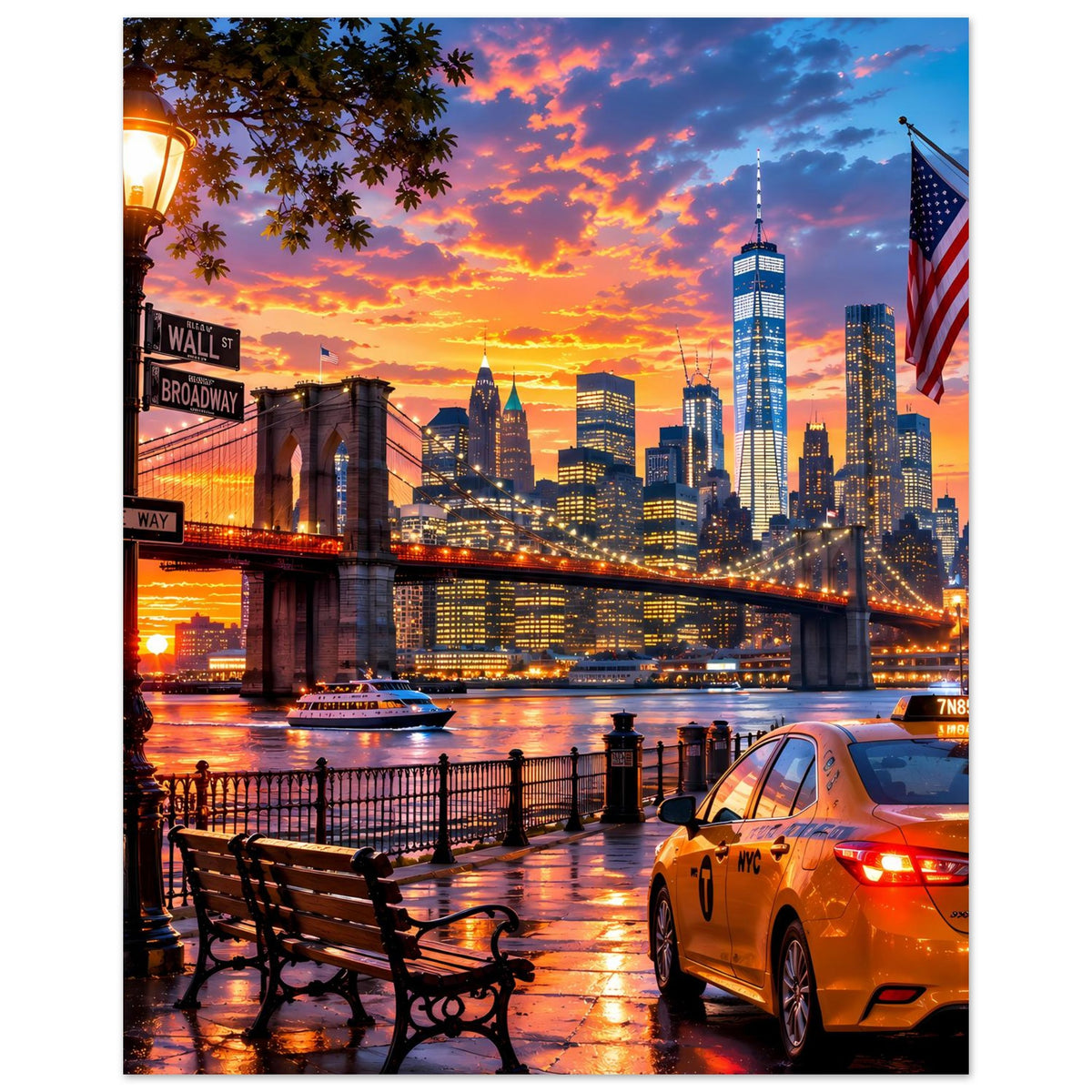 Poster mit Sonnenuntergang über New-York-Skyline, gelbem Taxi, Promenadenbank