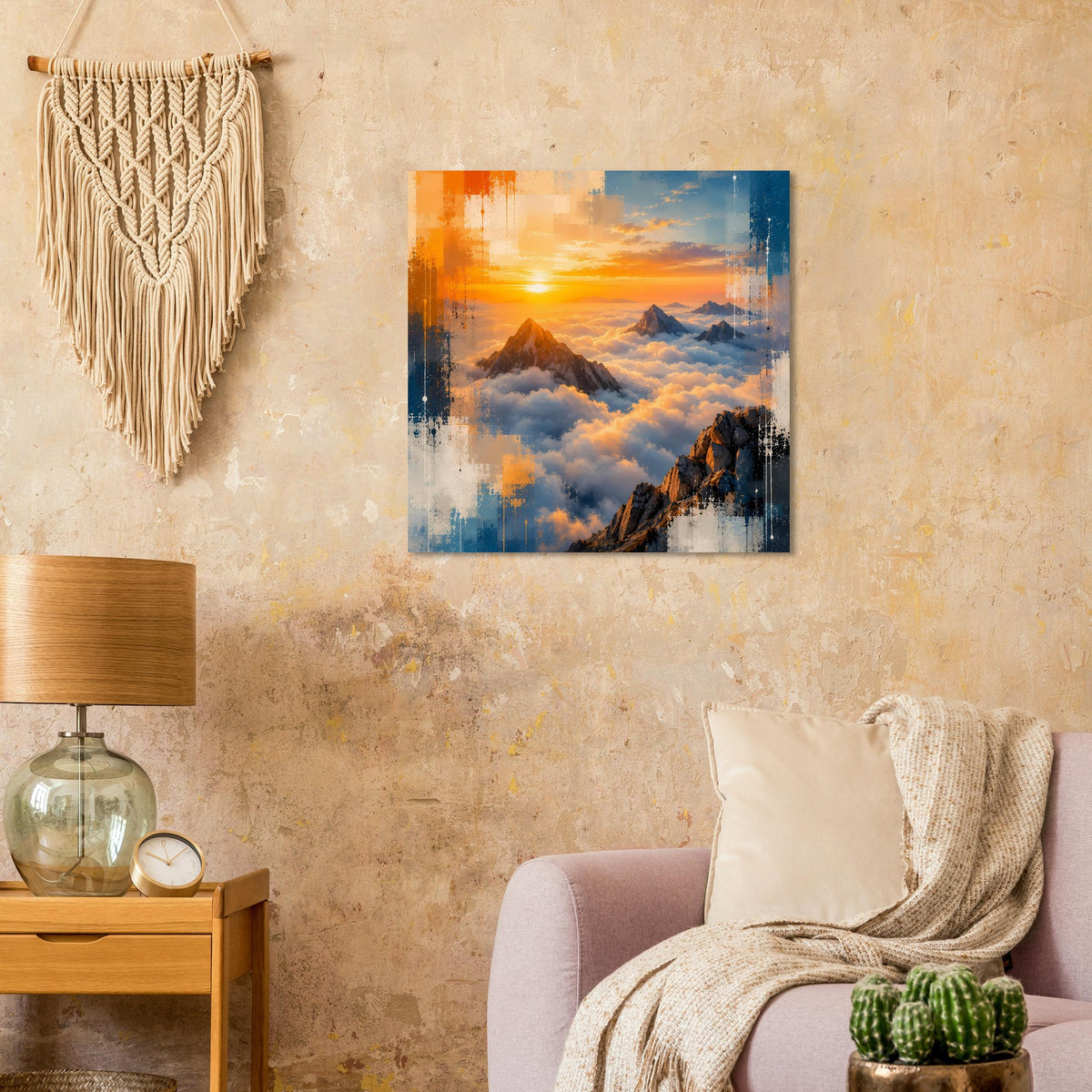 Quadratisches Naturposter: Sonnenaufgang über Berggipfeln im Wolkenmeer, orange und blau