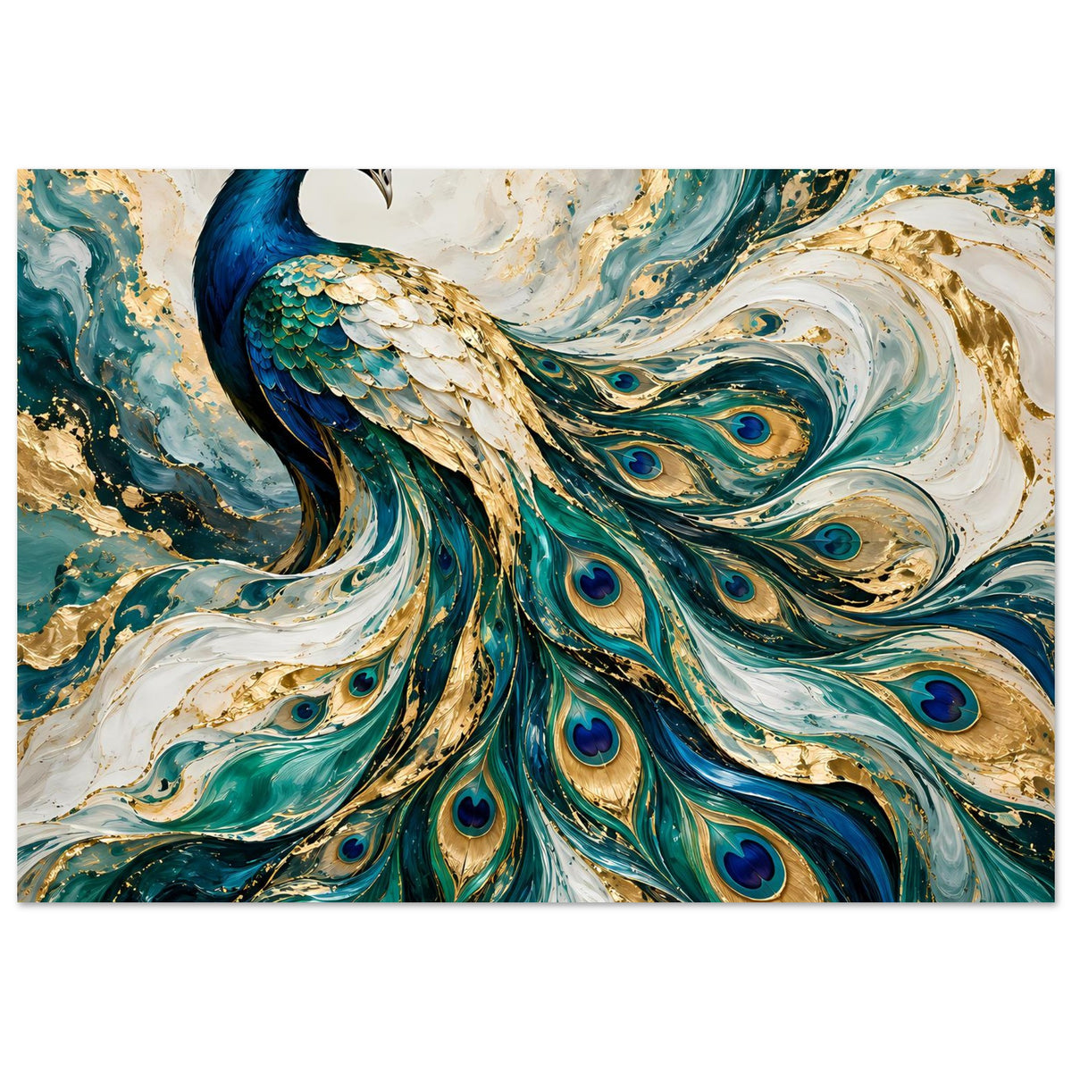 Pfau-Kunstposter mit blauem Pfau und schimmernden Federwirbeln in Petrol und Gold, horizontal