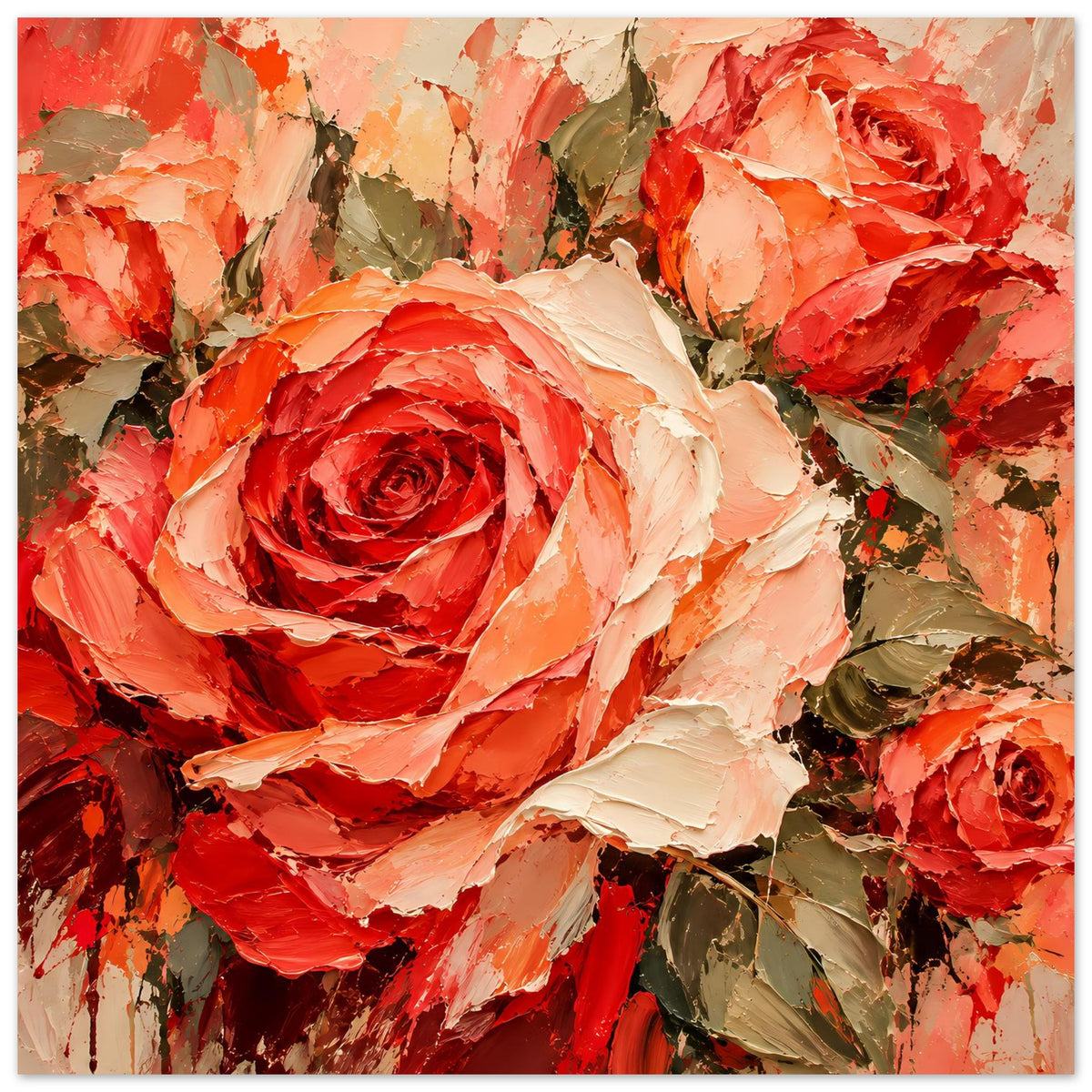 Poster mit Rosenbouquet: rote Rose vorn, orange und cremefarben im gemalten Stil