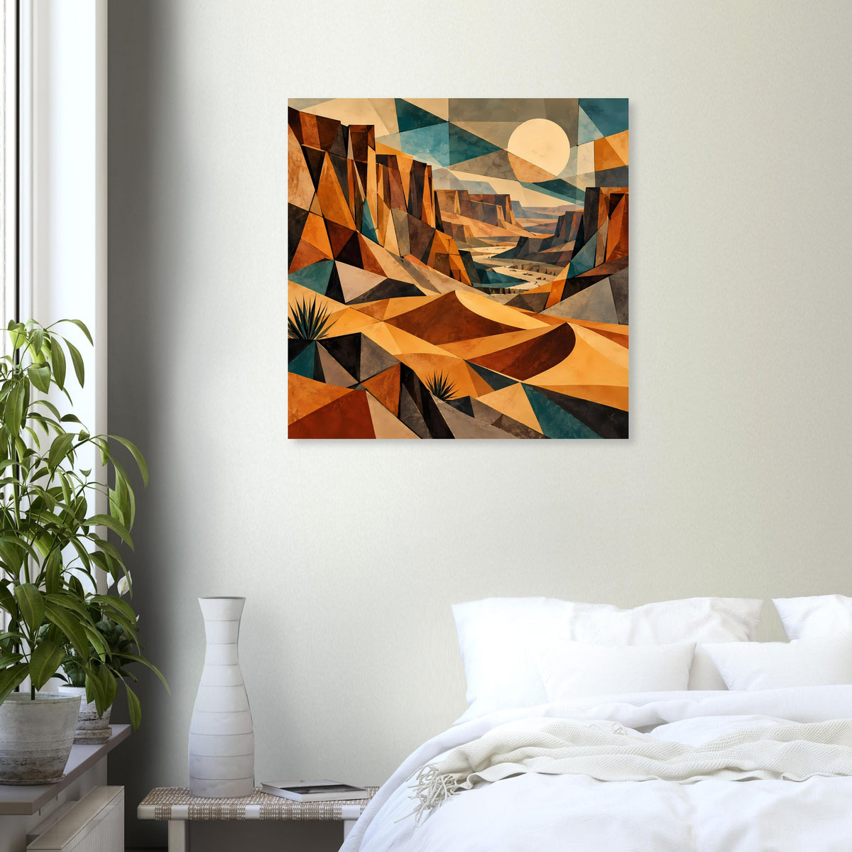 Geometrisches Wüstenlandschafts-Poster, warmes Orange-Braun, türkis, Dreiecke und Sonnenscheibe