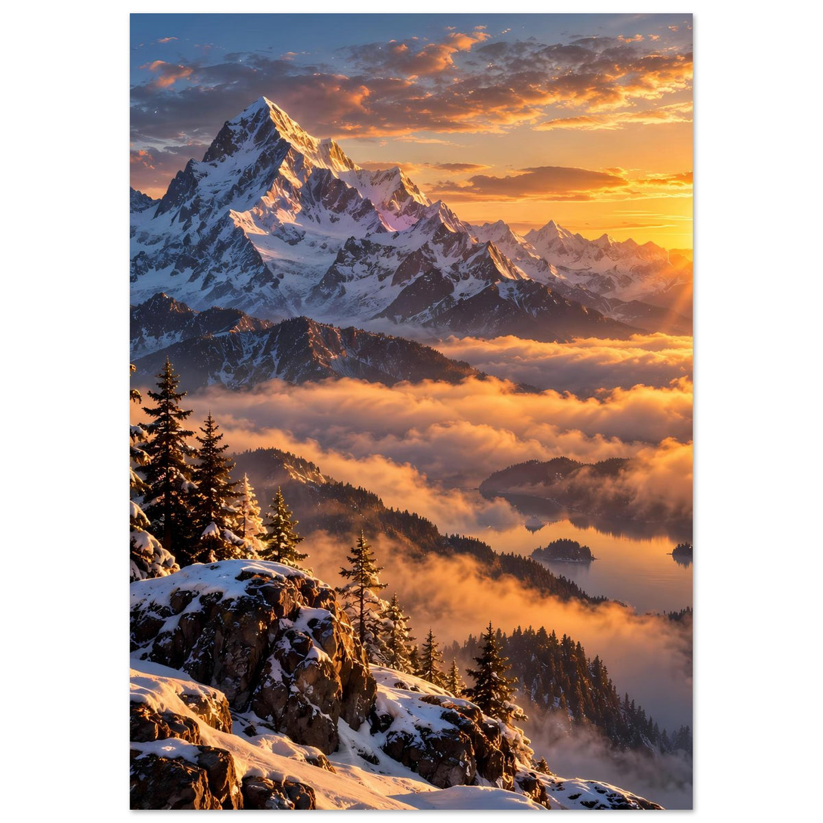 Hochkant-Poster: schneebedeckter Gipfel, Tannen am Rand und Wolkenmeer in warmen Farben