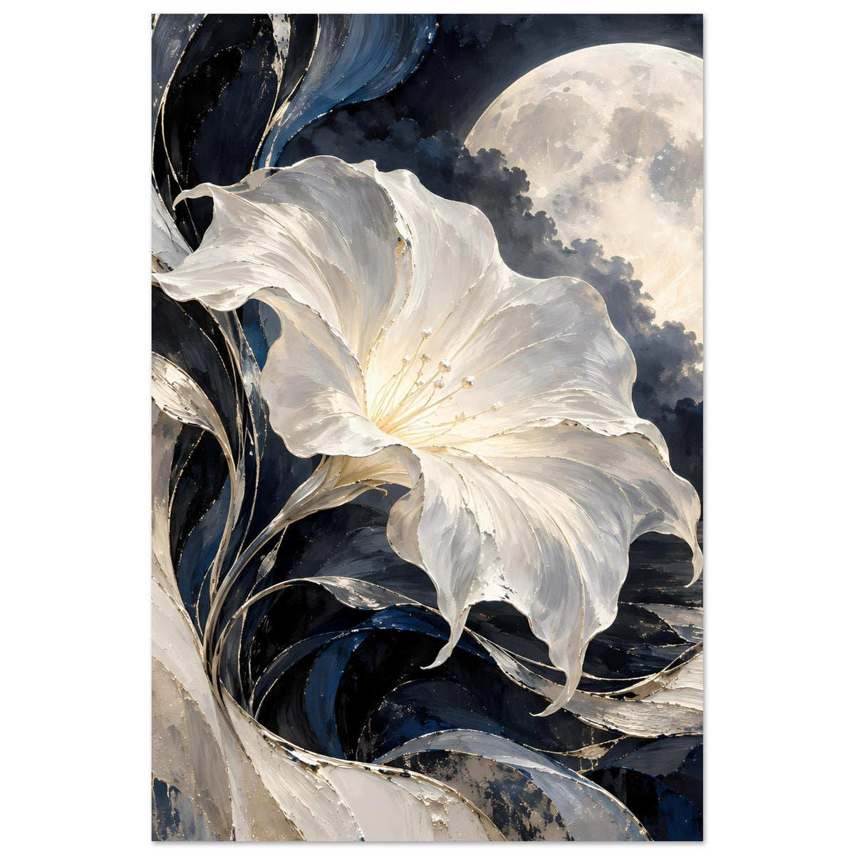Blumenposter mit großer weißer Blüte, dunklem Himmel und Mondsichel im Hintergrund
