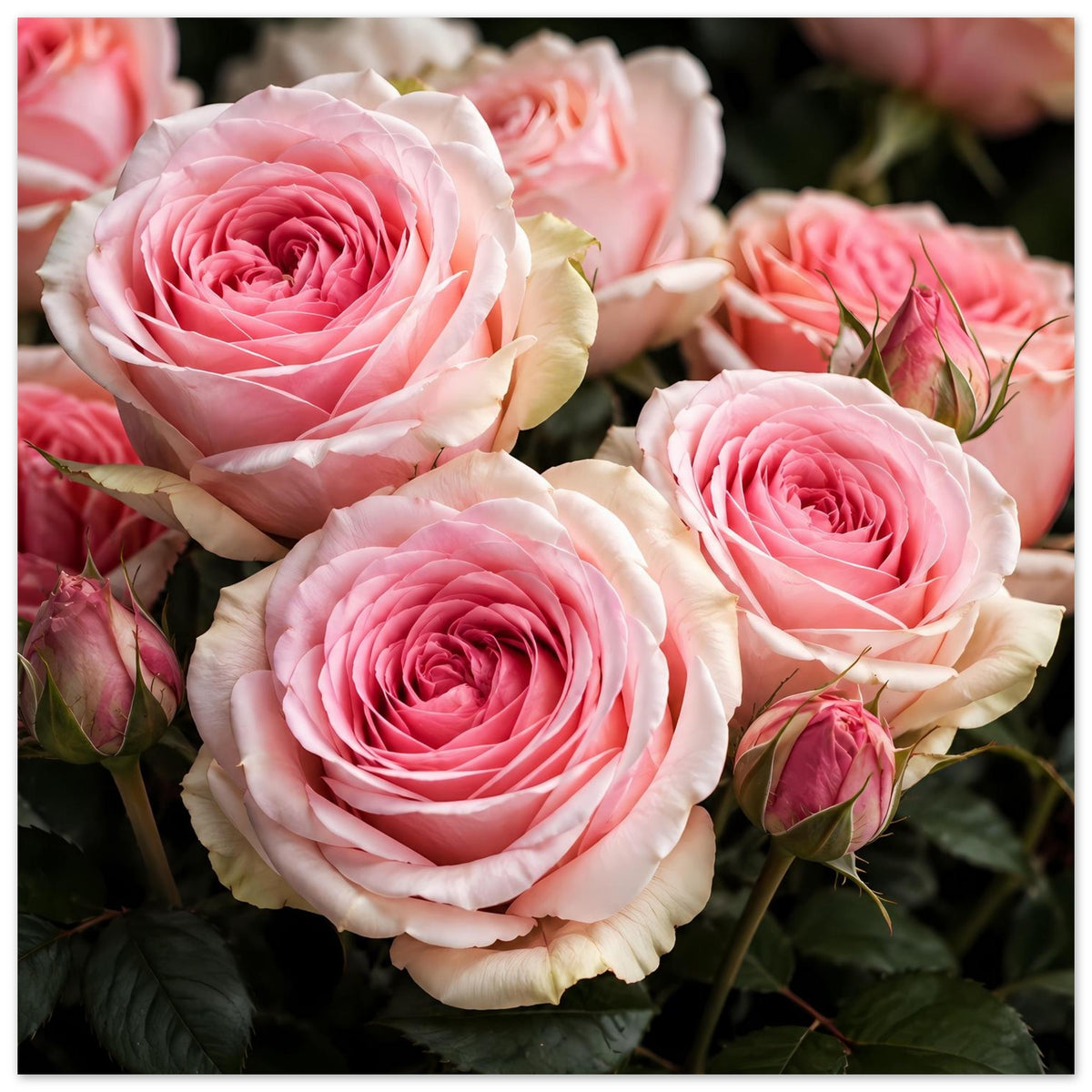 Poster mit zartrosa Rosen und cremeweißen Blütenblättern, mehrere Blüten im Bouquet