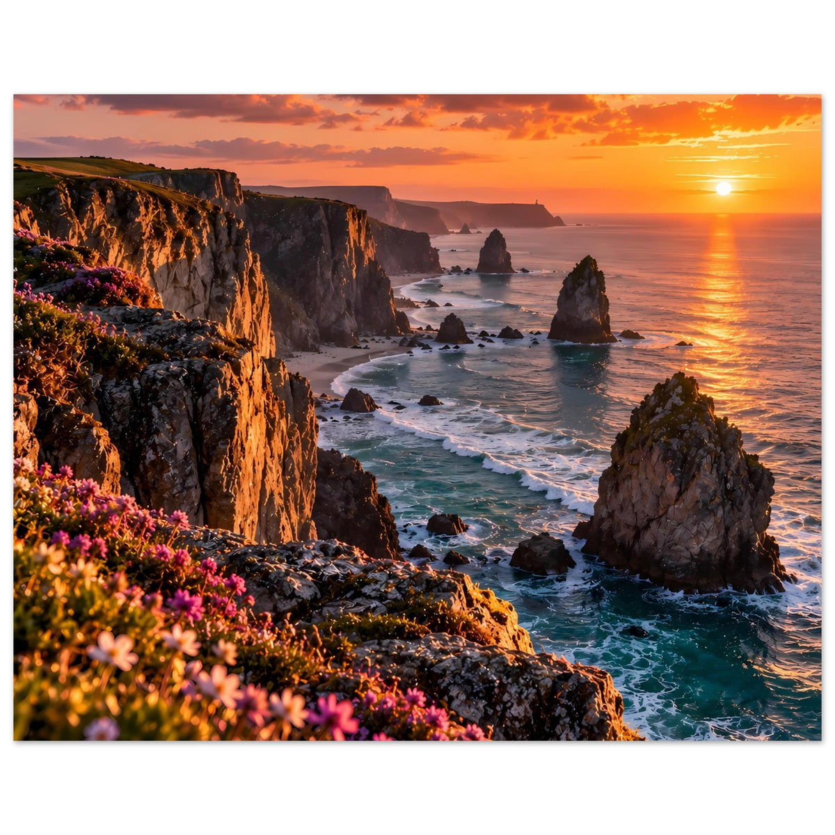 Querformat-Poster mit Küstenfelsen, Sonnenuntergangssonne über dem Meer und Wellen