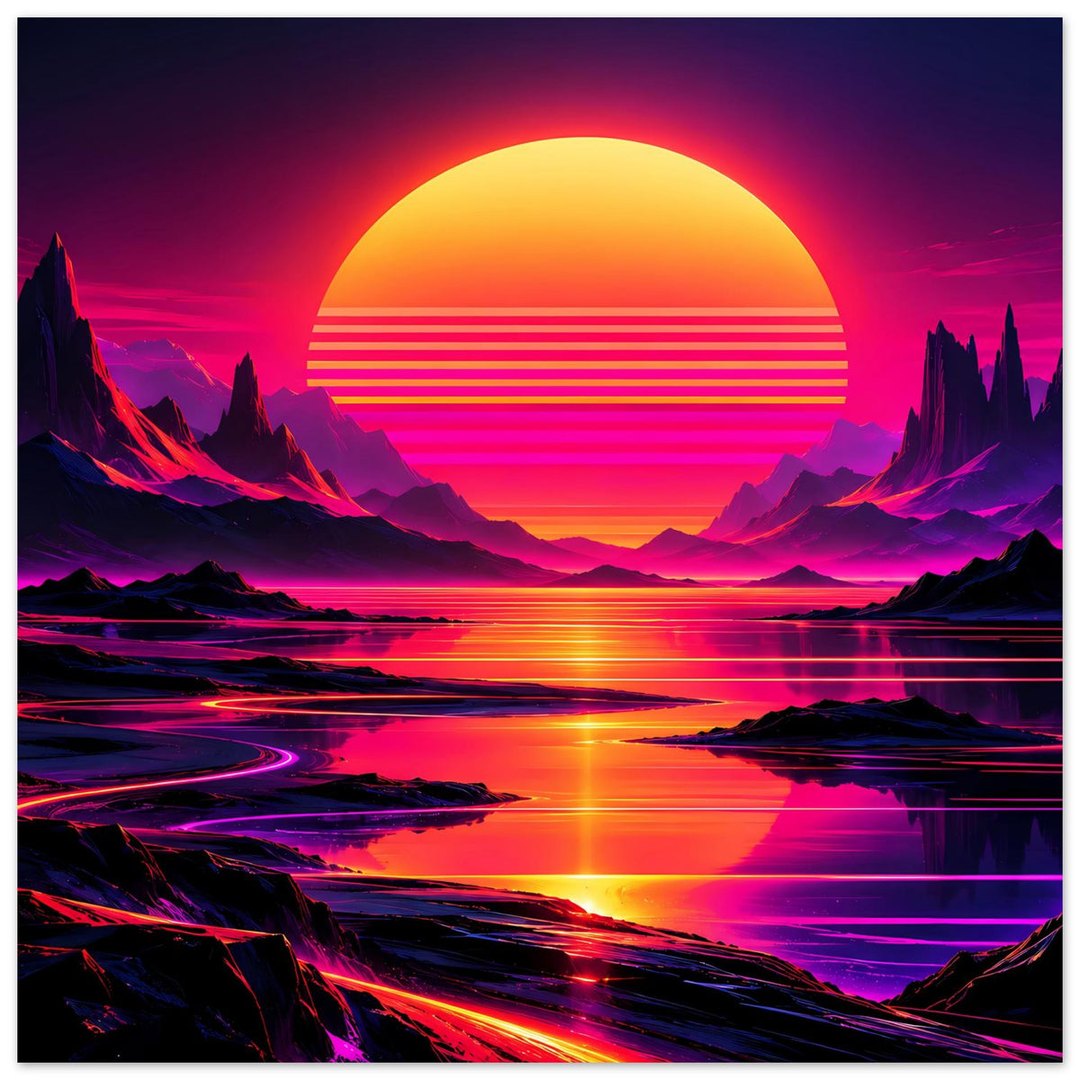Neon-Poster hochformat mit großer orangefarbener Sonne, Neonlinien, Bergkette und Wasser