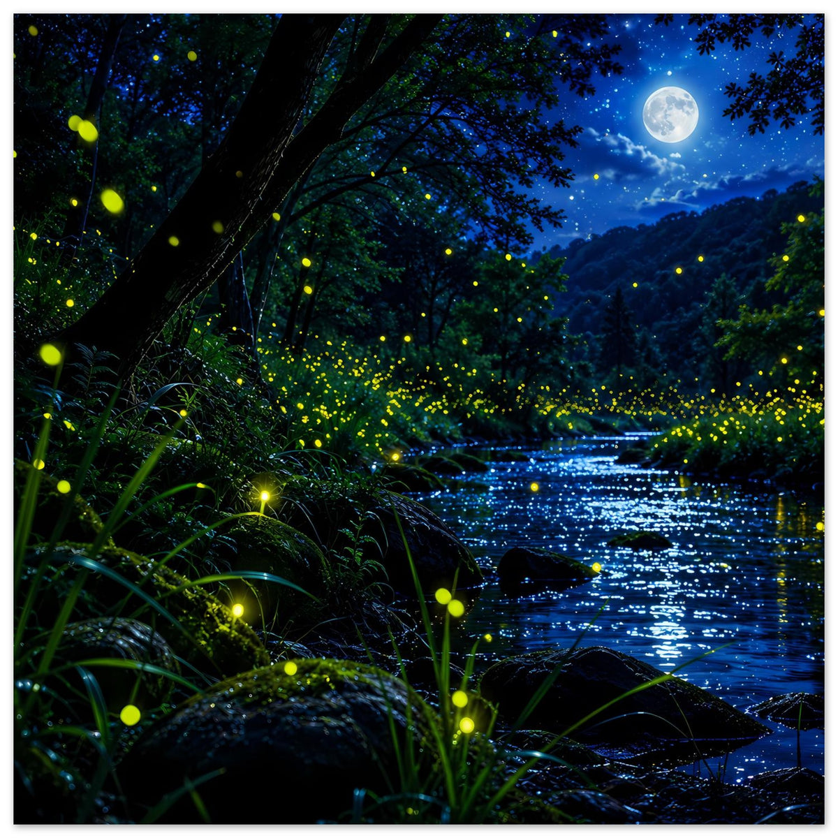 Poster mit Blick auf den beleuchteten Fluss, Glühwürmchen und großen Baumkronen