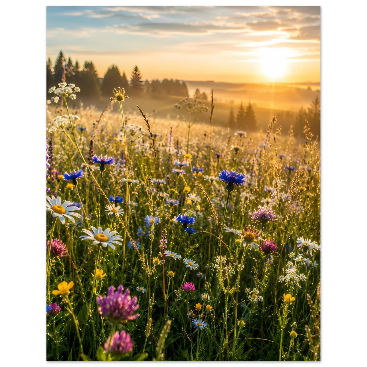 Poster mit Wildblumenwiese: weite Blumenfelder und Sonnenstrahlen im Abendhimmel