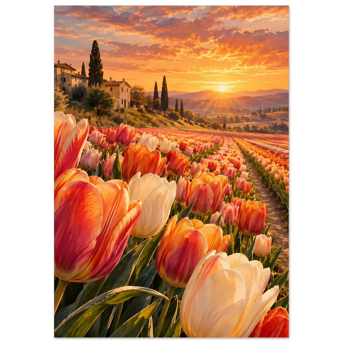 Poster Tulpenfeld im Sonnenuntergang, große Tulpen im Vordergrund, warme Abendsonne