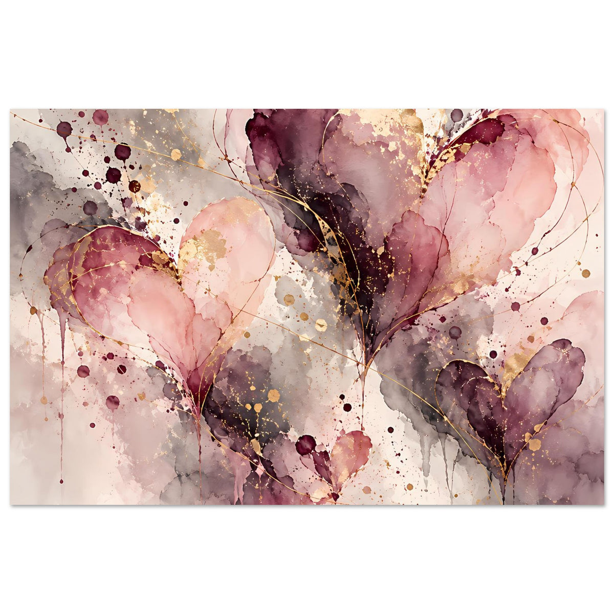 Abstraktes Herz-Poster mit zarten Rosa-, Violett- und Goldakzenten, horizontal