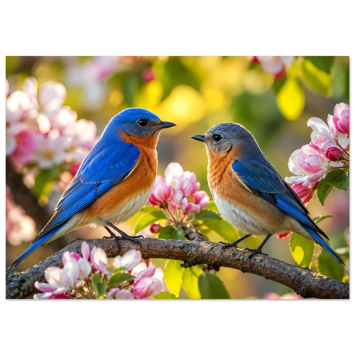 Poster: zwei blaue Singvögel auf Ast mit rosa Blüten
