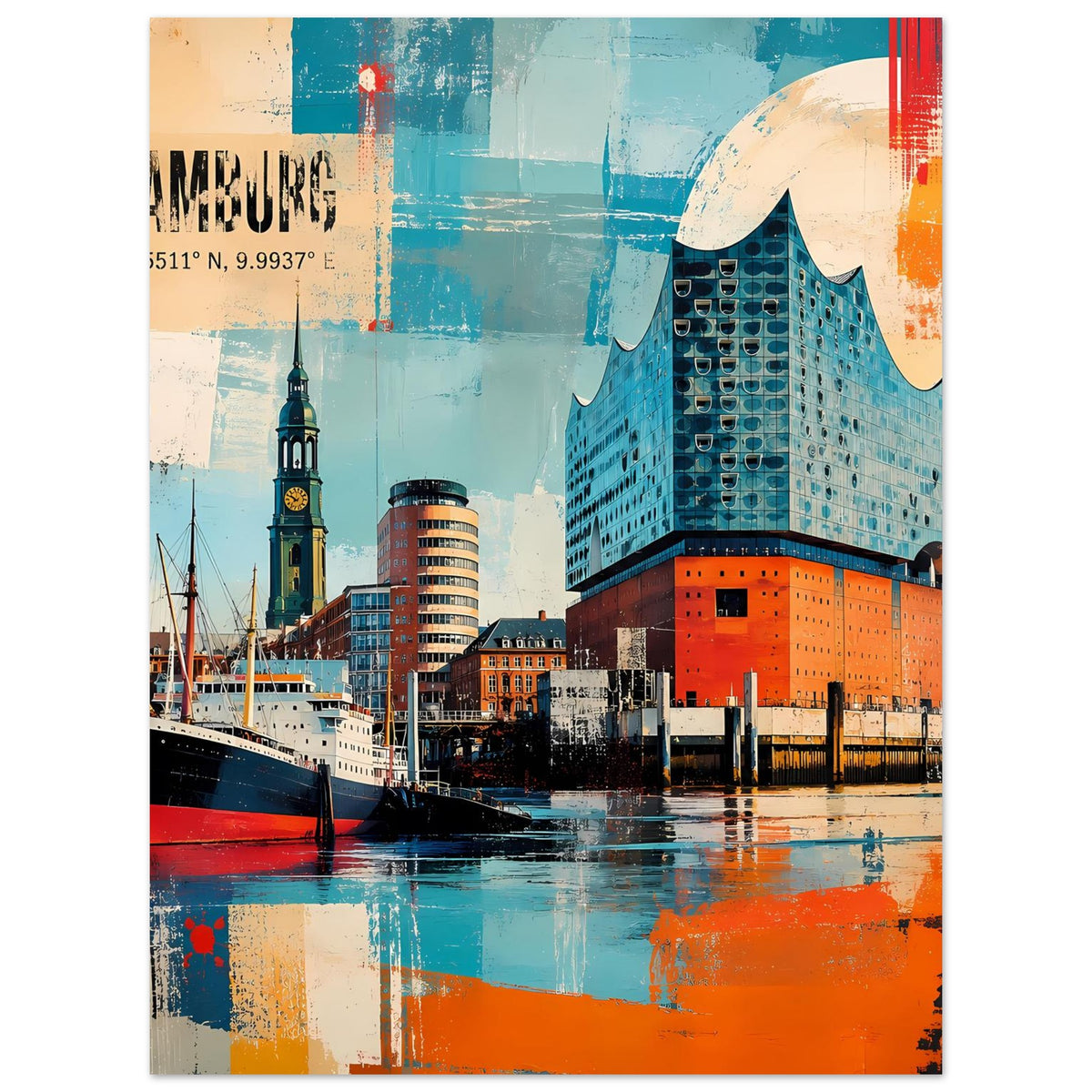 Hamburg-Poster: Elbphilharmonie über dem Hafen mit Schiffen, türkis und orange akzentuiert