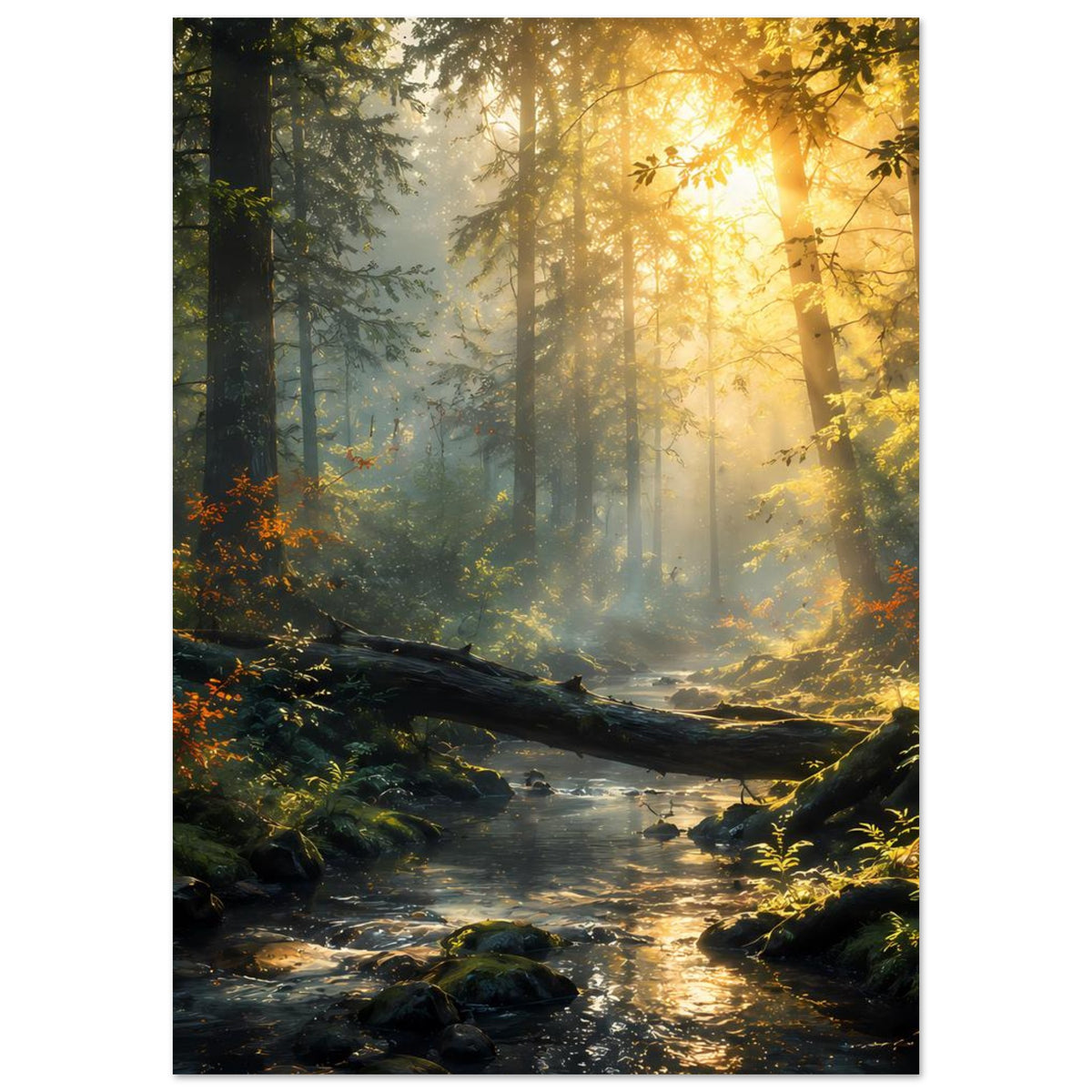 Poster eines Wald-Bachs mit Baumstamm über dem Wasser, moosigen Steinen und Nebellicht