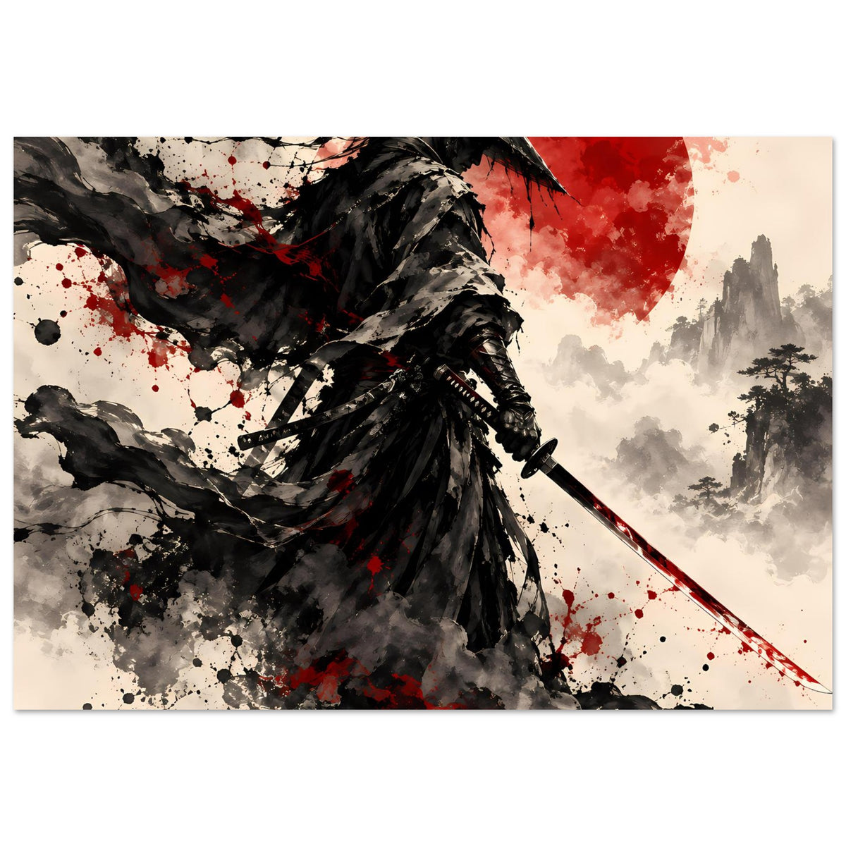 Samurai-Krieger-Poster mit roter Sonne, wehender Umhang und Katana, waagerechter Ausschnitt