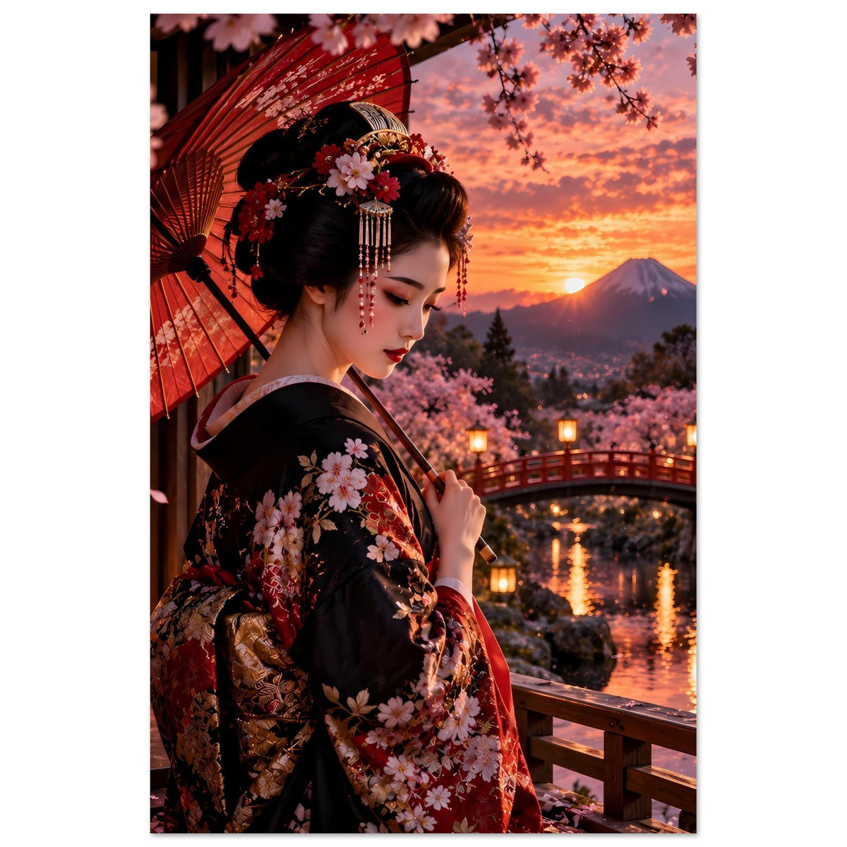 Vertikales Poster mit Frau im Kimono, Kirschblüten und rotem Schirm, beleuchtete Stege am Abend