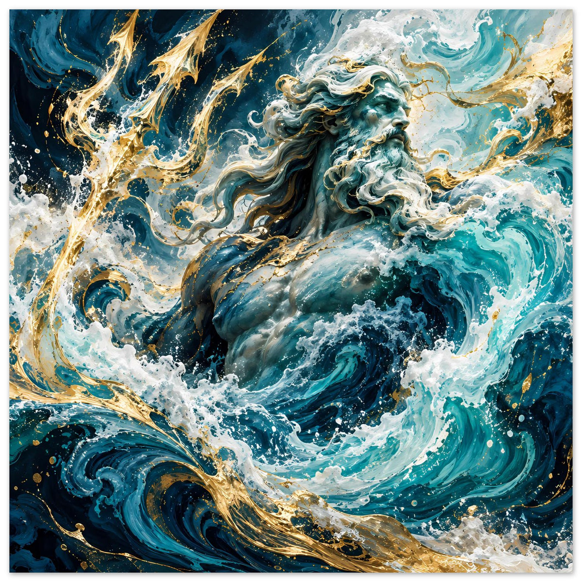 Querformatposter mit Meeresgott, türkisblauer Wasserwirbel und goldenen Lichtspuren.