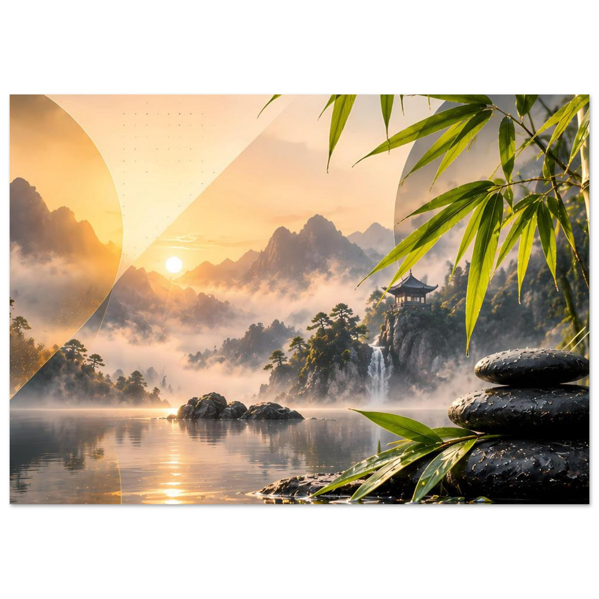 Zen-Poster im Querformat: Bergsee bei Sonnenaufgang, Bambuszweige und dunkle Steine