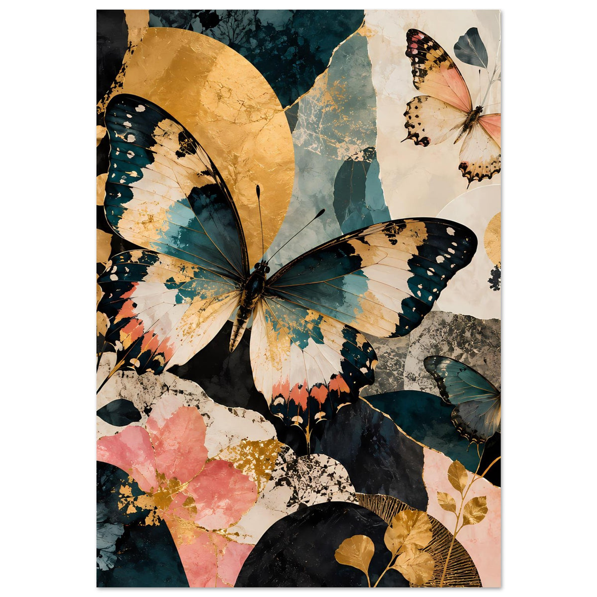 Kunstposter mit großen Schmetterlingen und floralen Mustern in Türkis und Gold