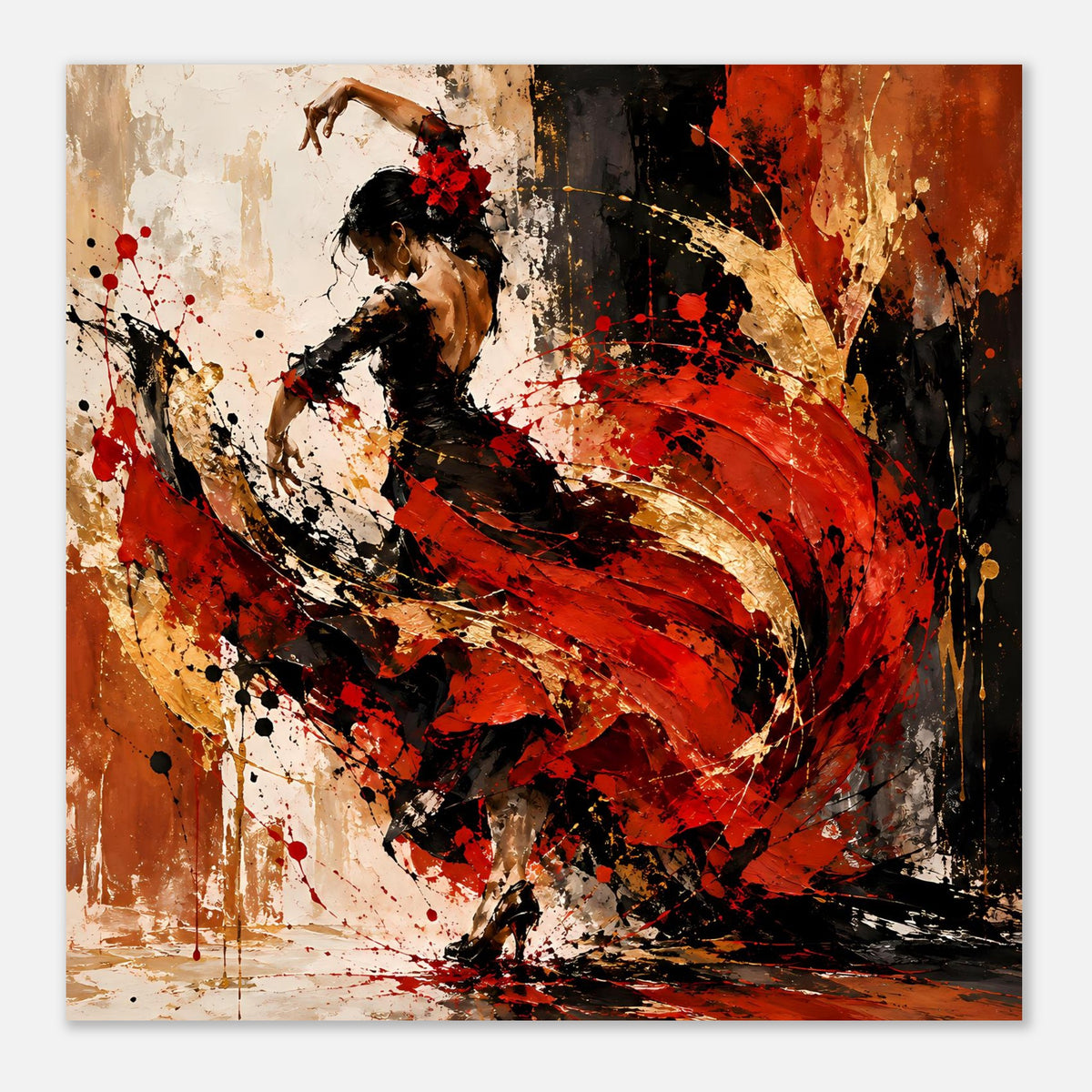 Kunstposter im Querformat: Flamenco-Tänzerin in Rot, Schwarz und Gold