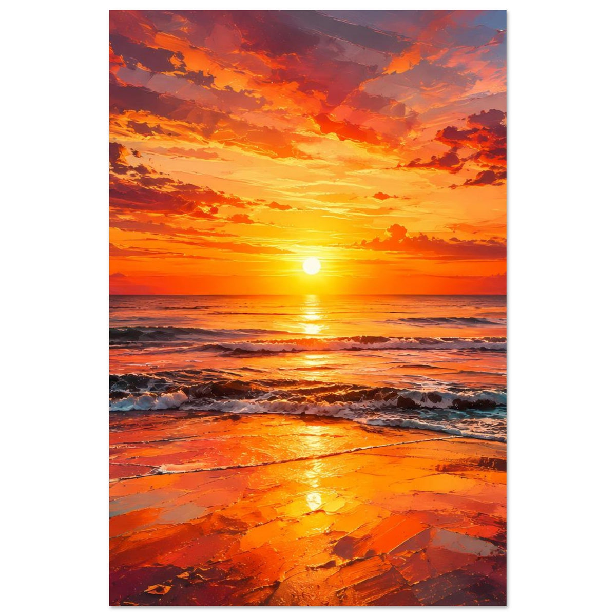 Vertikales Poster mit Sonnenuntergang: leuchtende Sonne über dem Meer, orangefarbene Wolken, Strand