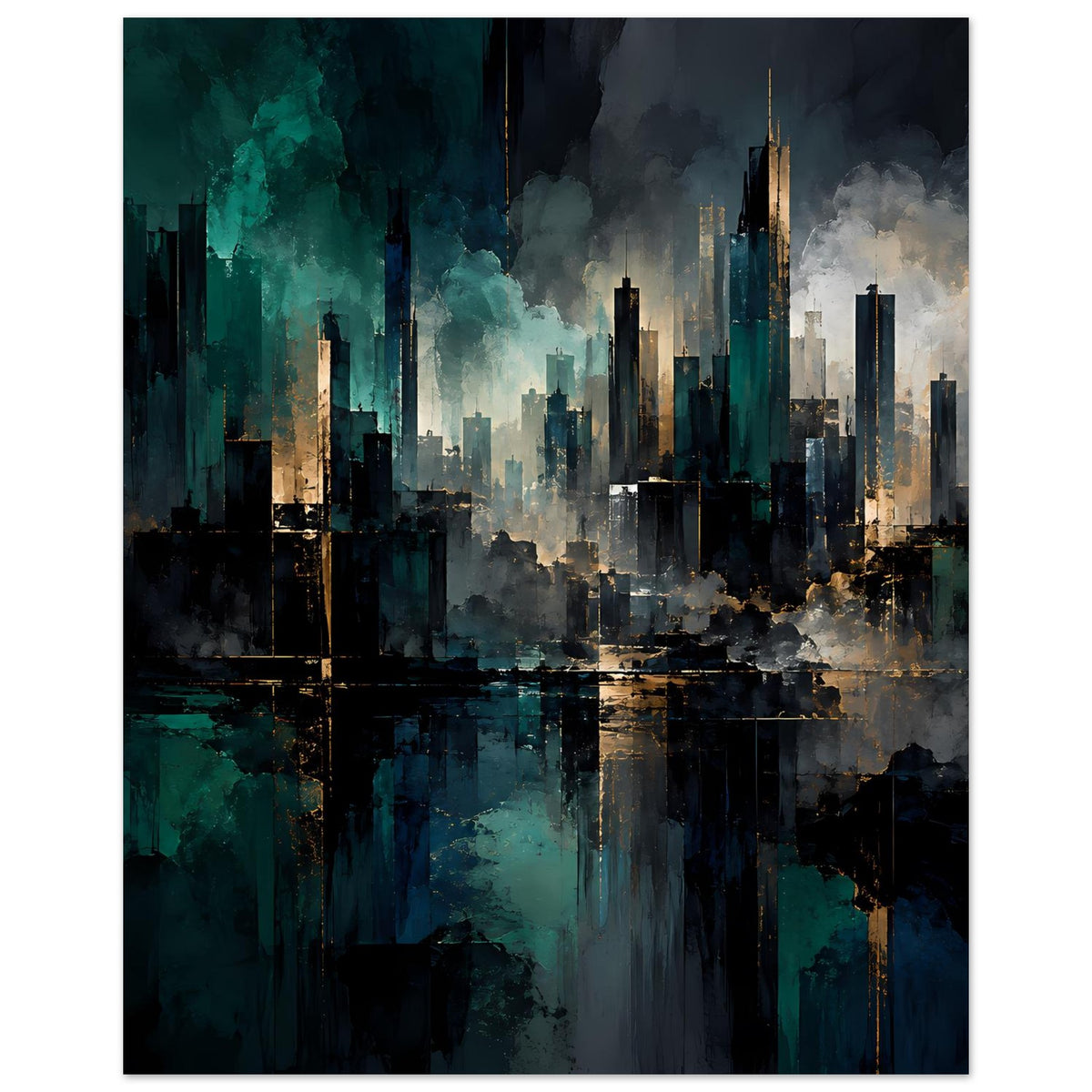 Abstraktes Skyline-Stadtposter im Hochformat, türkis-blaue Nebelwolken, goldene Highlights und Reflexion