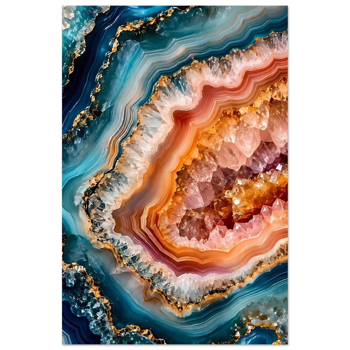 Poster mit abstrakter Geoden-Kristallkunst: Blau, Orange, Gold mit Adern und Kristallen
